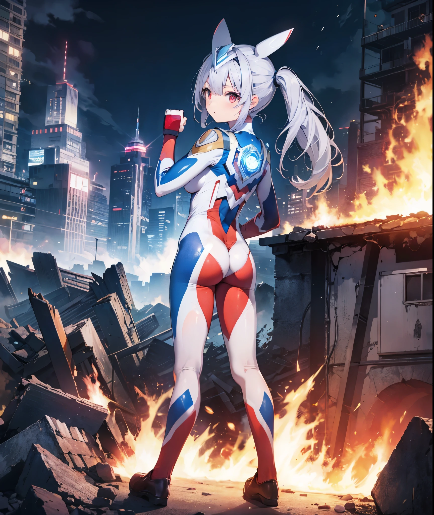 highest quality, ultra detail, High quality CG drawing, The most delicate and beautiful, Float softly, High resolution, (1 girl), (Highest image quality,4K,8K,masterpiece:1.2)light purple hair,Bunny ears,long hair,red eyes, (Ultra Girl :1.0), (silver and red ultraman bodysuit:1.4),big breasts,(Put your hands on your hips:1.2),(fist:1.2), The burning city,large number of buildings,Ruined buildings,In flames,(Turn your back to your audience:1.2),butt