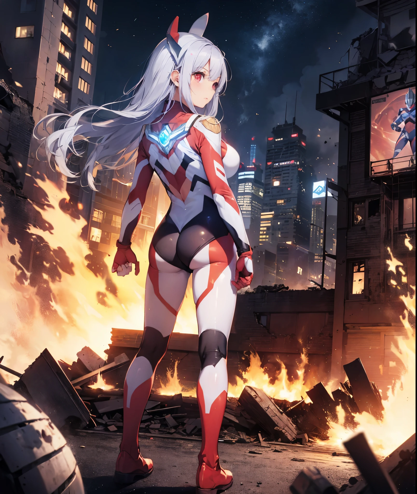 highest quality, ultra detail, High quality CG drawing, The most delicate and beautiful, Float softly, High resolution, (1 girl), (Highest image quality,4K,8K,masterpiece:1.2)light purple hair,Bunny ears,long hair,red eyes, (Ultra Girl :1.0), (silver and red ultraman bodysuit:1.4),big breasts,(Put your hands on your hips:1.2),(fist:1.2), The burning city,large number of buildings,Ruined buildings,In flames,(Turn your back to your audience:1.2),butt