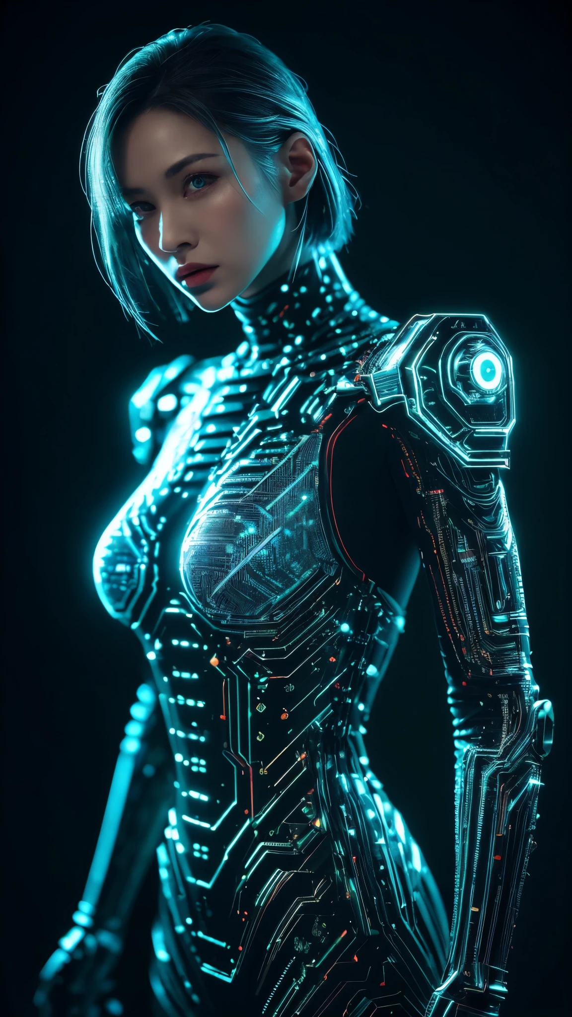 ((top quality)), ((Masterpiece)), (details:1.4), 3D, Beautiful cyberpunk woman image,human development report(high dynamic range),Ray tracing,NVIDIA RTX,super resolution,Unreal 5,subsurface scattering,PBR texture,post processing,Anisotropic filtering,depth of field,Maximum clarity and sharpness,multi-layer texture,Albedo and specular maps,surface coloring,Accurately simulate the interaction of light with materials,perfect proportions,octane rendering,Two-tone lighting,Large aperture,Low ISO,white balance,rule of thirds,8K original,Circuit board AI,Silver body、Metal body