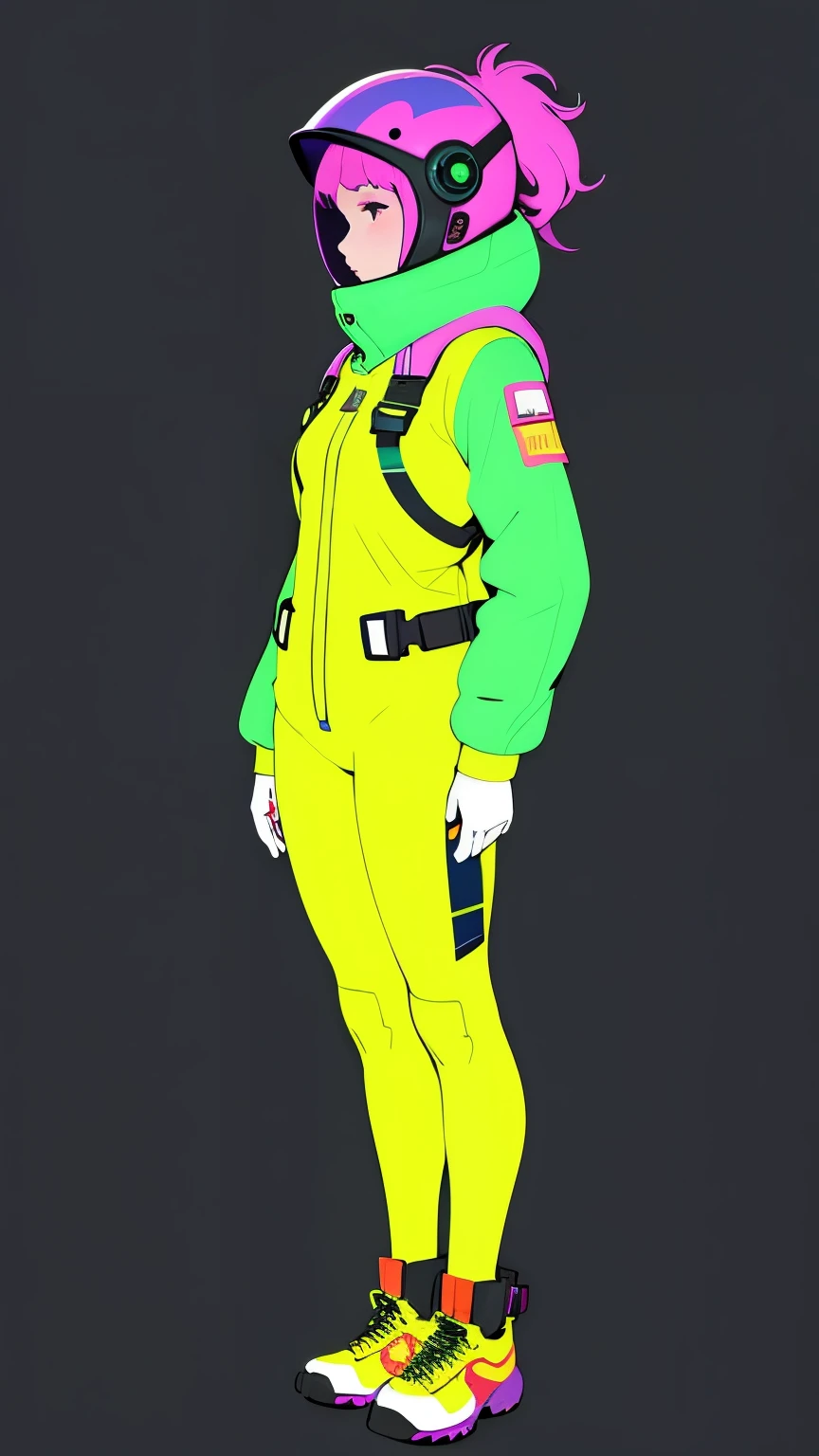 (ultra detailed,ultra high res,detailed background),((2D)),((flat color)),((muted color)),((floating neon)),1woman,solo,looking at viewer, BREAK, spray paint, graffiti, girl in a floral print space suit wearing her helmet, plush tartan scarf, full body image