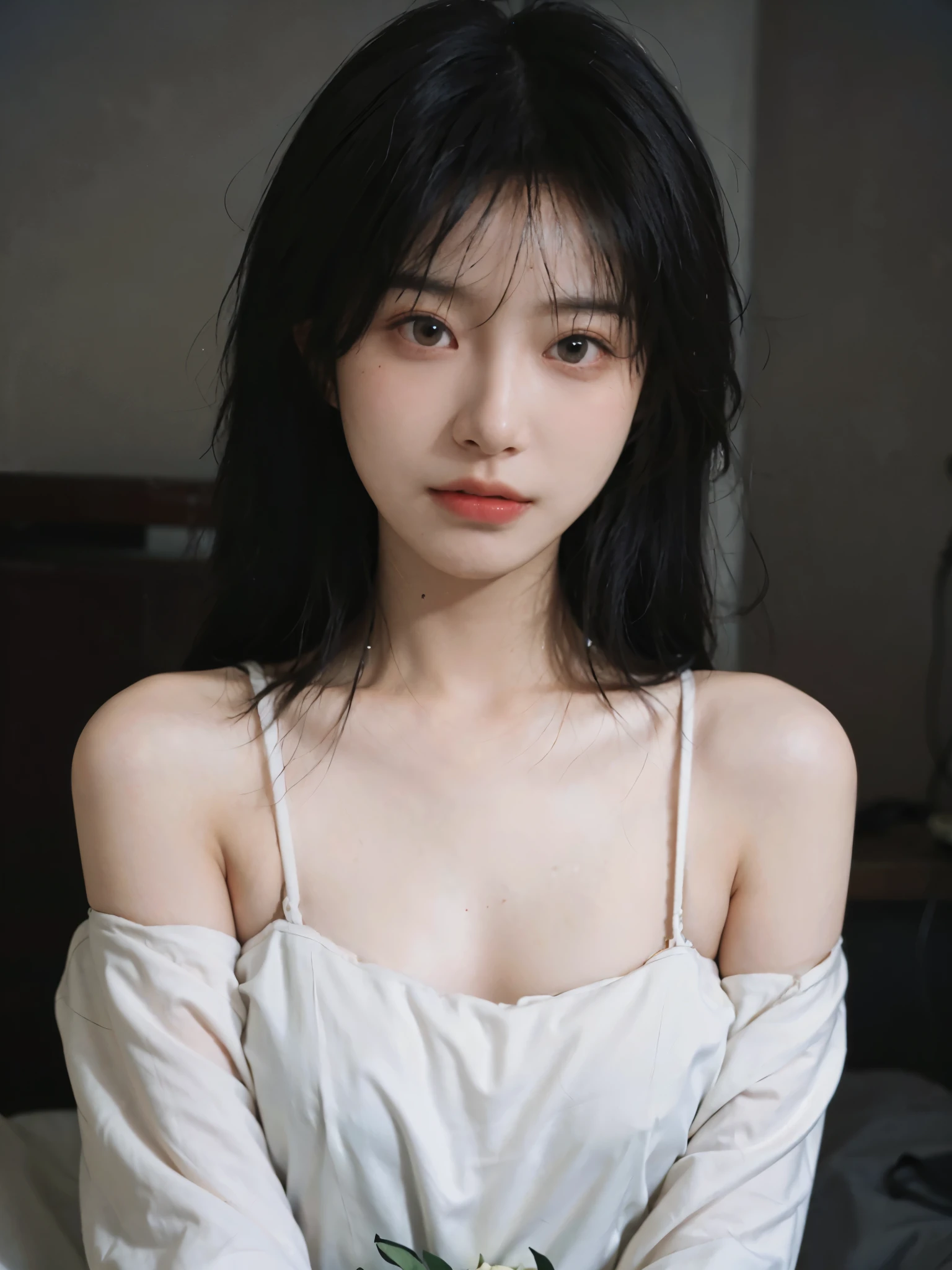 Film portrait photography, 1 girl, bare shoulders, Shoulder length wavy hair, white wedding dress， (Realistic and detailed eyes, natural skin texture, Realistic facial details), Soft dramatic lighting, depth of field, Bokeh, Vibrant details, Detailed and detailed, surreal, 35mm film, hazy, ,