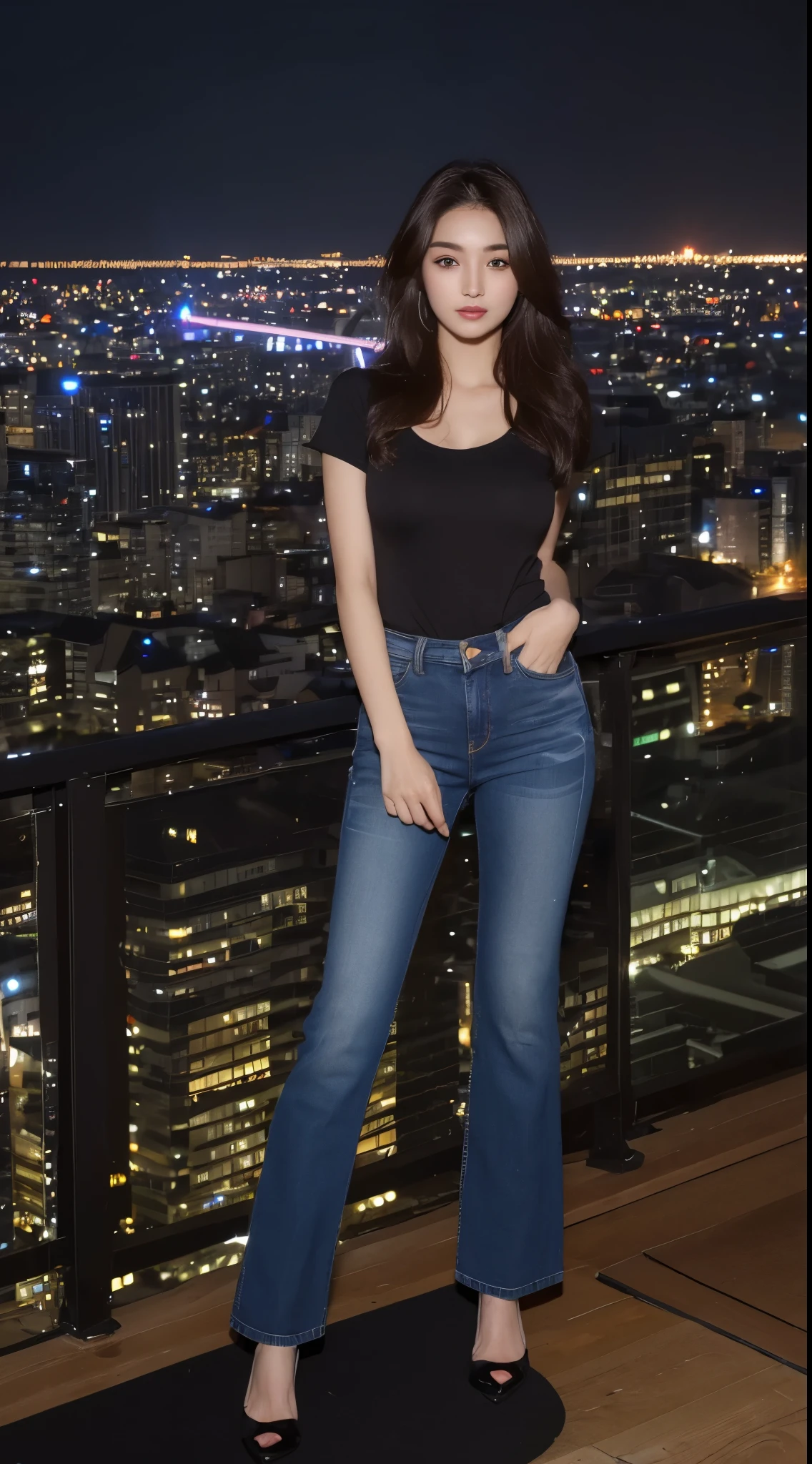 ((Midnight, Acura, 8K, Masterpiece: 1.3)), Full body, Long legs, Focal length: 1.2, Perfect Body Beauty: 1.4, Slim Abs: 1.1, ((Dark Brown Hair, Big Breasts: 1.2 )), (White U-Neck T-shirt, denim suspenders, standing: 1.2), ((City Night View, Roof: 1.3)), Highly detailed face and skin texture, Detailed eyes, Double eyelids, peeing jeans, peeing pants, pee stain.
