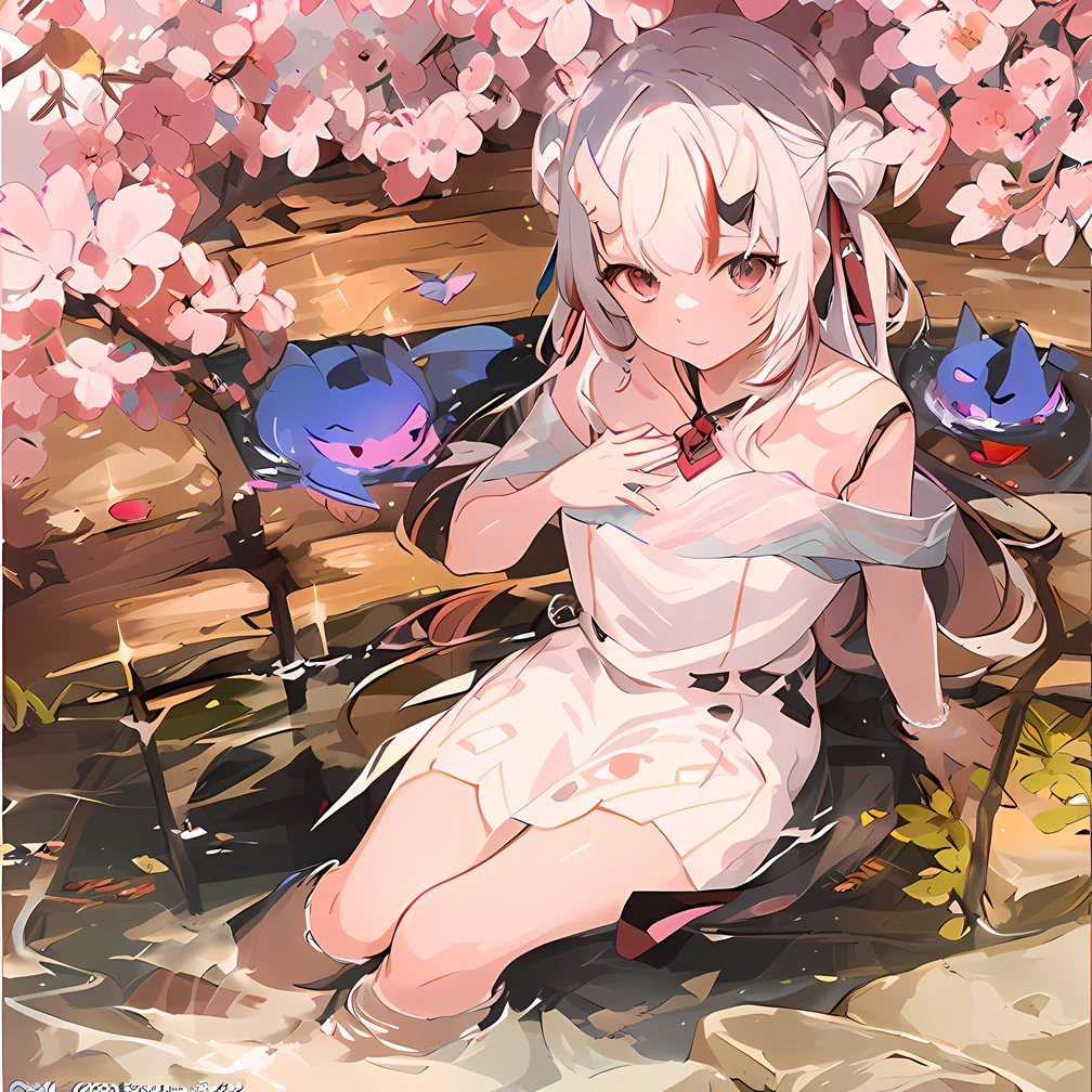 anime girl in a white dress sitting in a pond of water, shikamimi, shirabii, official artwork, sakura kinomoto, anime cover, white haired deity, at pixiv, sakimi chan, けもの, , pixiv contest winner, negao, artbook artwork, artbook, guweiz