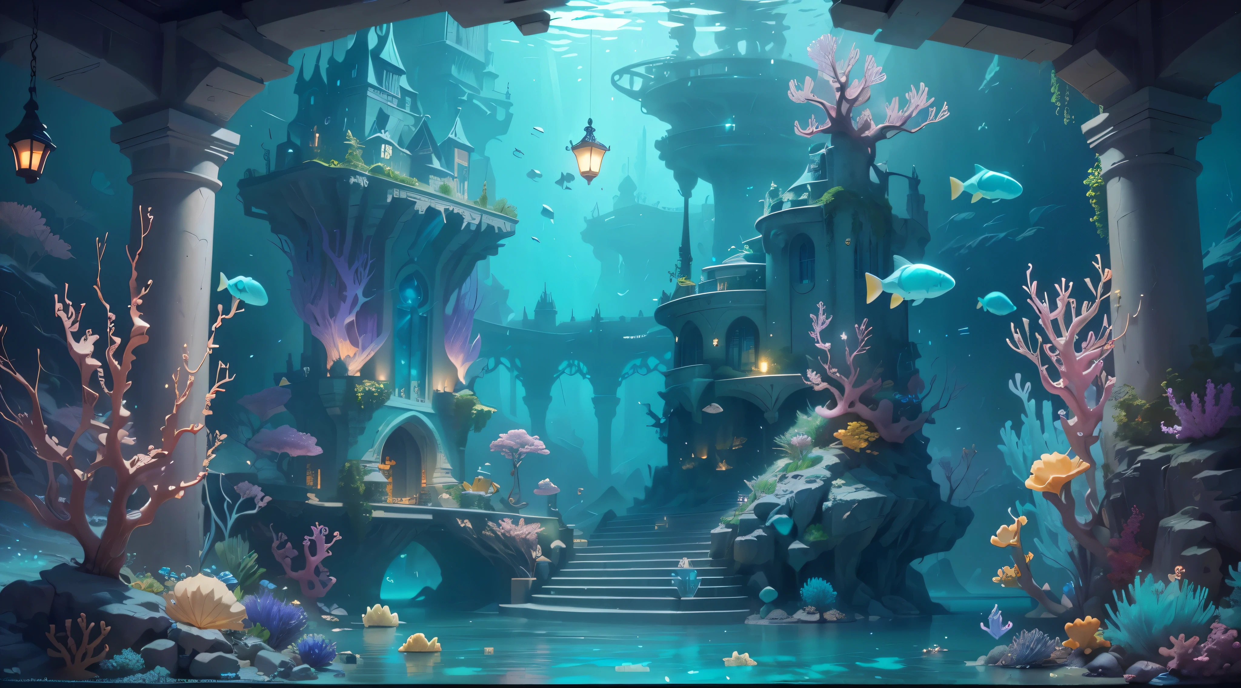 model shooting style, (extremely detailed CG Unity 8k wallpaper),((Sparkling underwater landscapes)),Futuristic underwater palace with transparent ice sculptures,Futuristic underwater palace with transparent ice sculptures,A beautiful underwater kingdom,Colorful tropical fish, Beautiful coral reef in the background,Expansive and breathtaking landscapes.Dive into the beautiful depths of the sea,Artistic embryo, Broken glass, ((Sparkling underwater landscapes)),Deep-sea concept art, inspired by Andreas Rocha, style of Andreas Roch, Detailed fantasy digital art, Highly detailed 4K digital art, fantasy art behance, Surreal deep-sea landscape, ❄️ Dream Concept Art, Büssier Rutkowski, Andreas Rocha, highly detailed fantasy art, Detailed digital 2D fantasy art