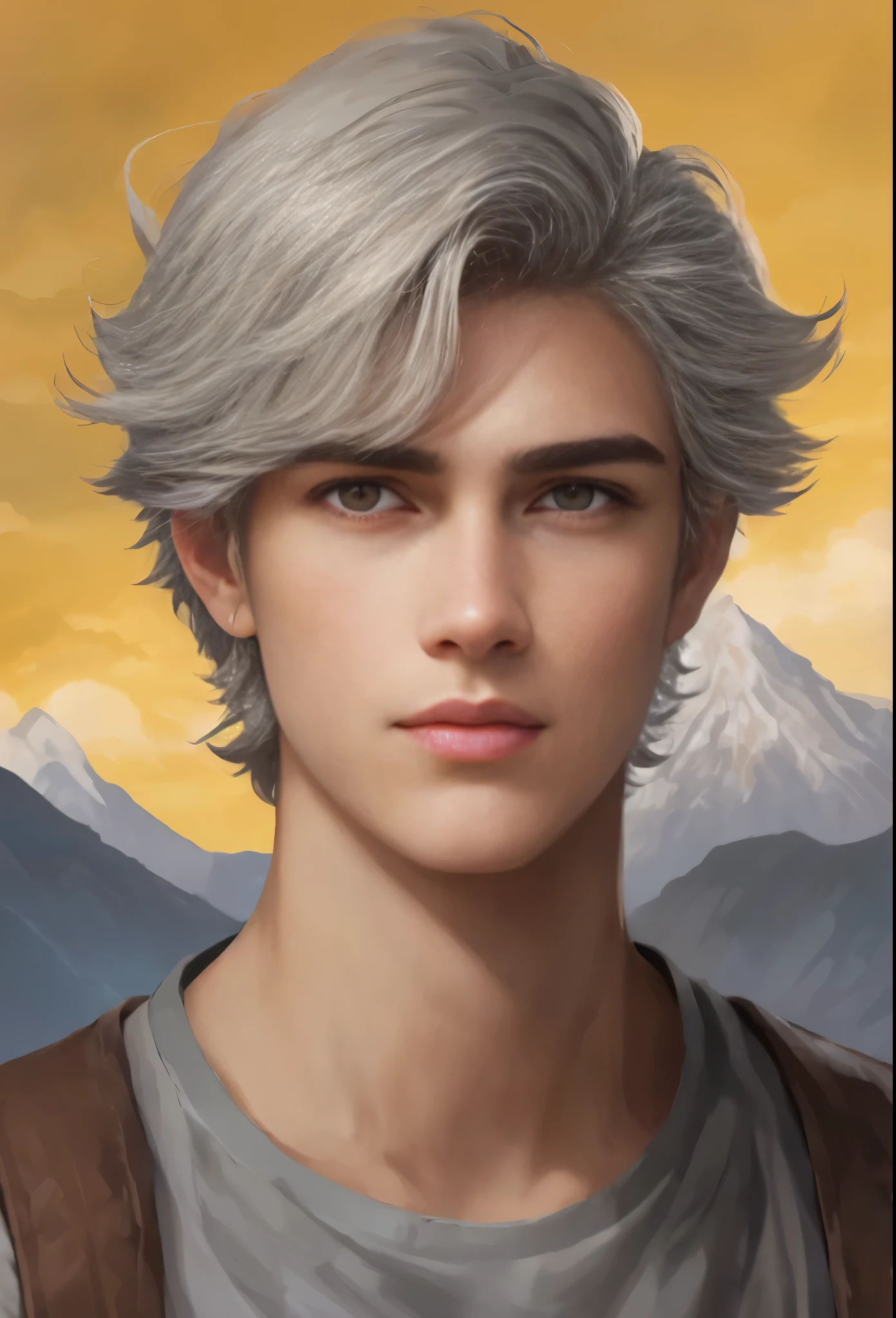 High resolution, brunette girl and blonde guy, , yellow eyes, pattern of stones on the face from forehead to temples, brunette, temples slightly shaved, long black hair pulled back in a ponytail, temples slightly shaved, dressed in a silk shirt and loose trousers, bright blue eyes, portrait, the sea in the background, seagulls, realism, fantasy