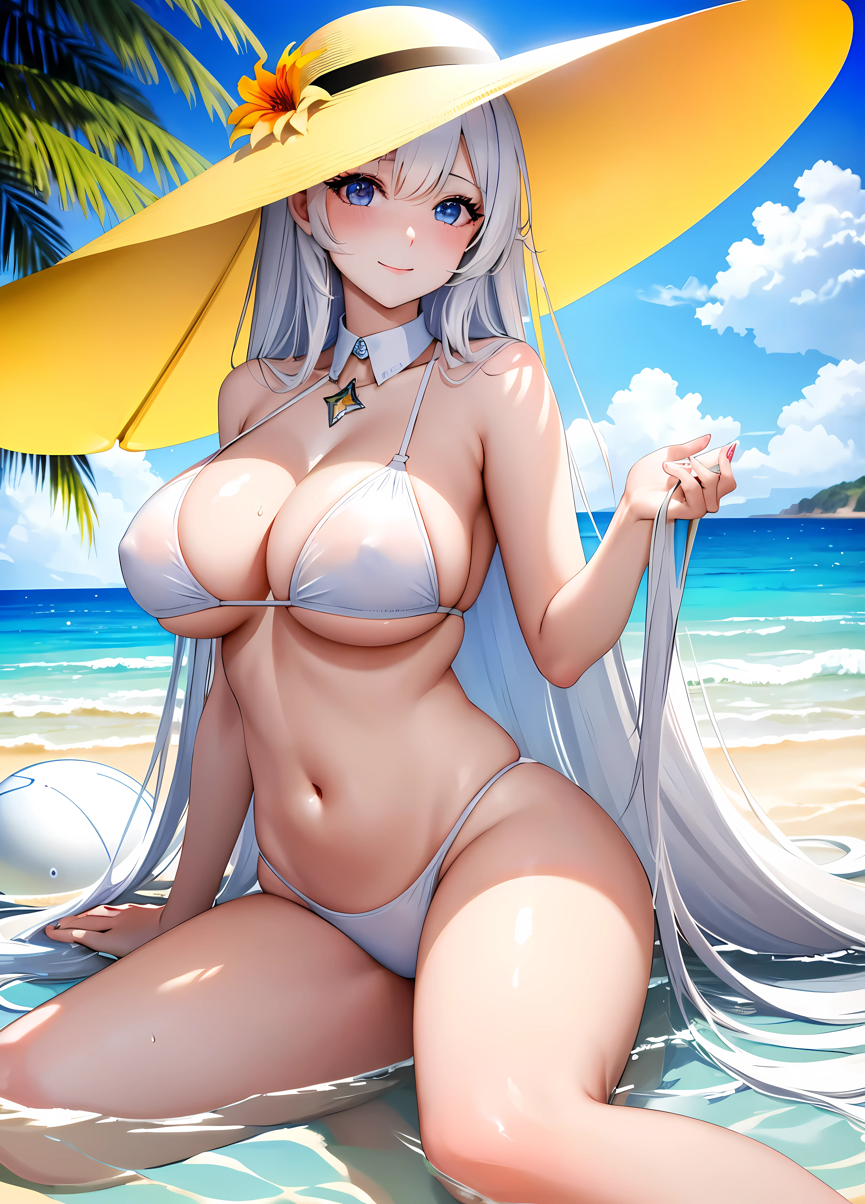 (masterpiece:1.2),best quality,(mackerel:1.2),(incredibly absurd:1.4),(very detailed face:1.4),(Very delicate eyelashes:1.6),very detailed eyes,sharp details,high contrast,(glowing skin:1.2),Beautiful Finger,elegant,elegant face,
(mature woman:1.2),thick body,sexy body,hanging chest,(massive chest:1.2),perfect round breasts,Facial,1 woman,aircraft,airplane,동water,Beach,Beach umbrella,bikini,leaky,Black border,blue eyes,chest,cloud,afternoon,mana,have,large chest,letterboxed,lighthouse,long hair,looking at viewer,manju \(sky빛 레인\),navel,ocean,official alternate costume,outdoors,pillarboxed,sand,seagull,seat,sky,laugh,alone,starfish,sun have,swimsuit,Transparent background,very long hair,water,watercraft,wet,White,