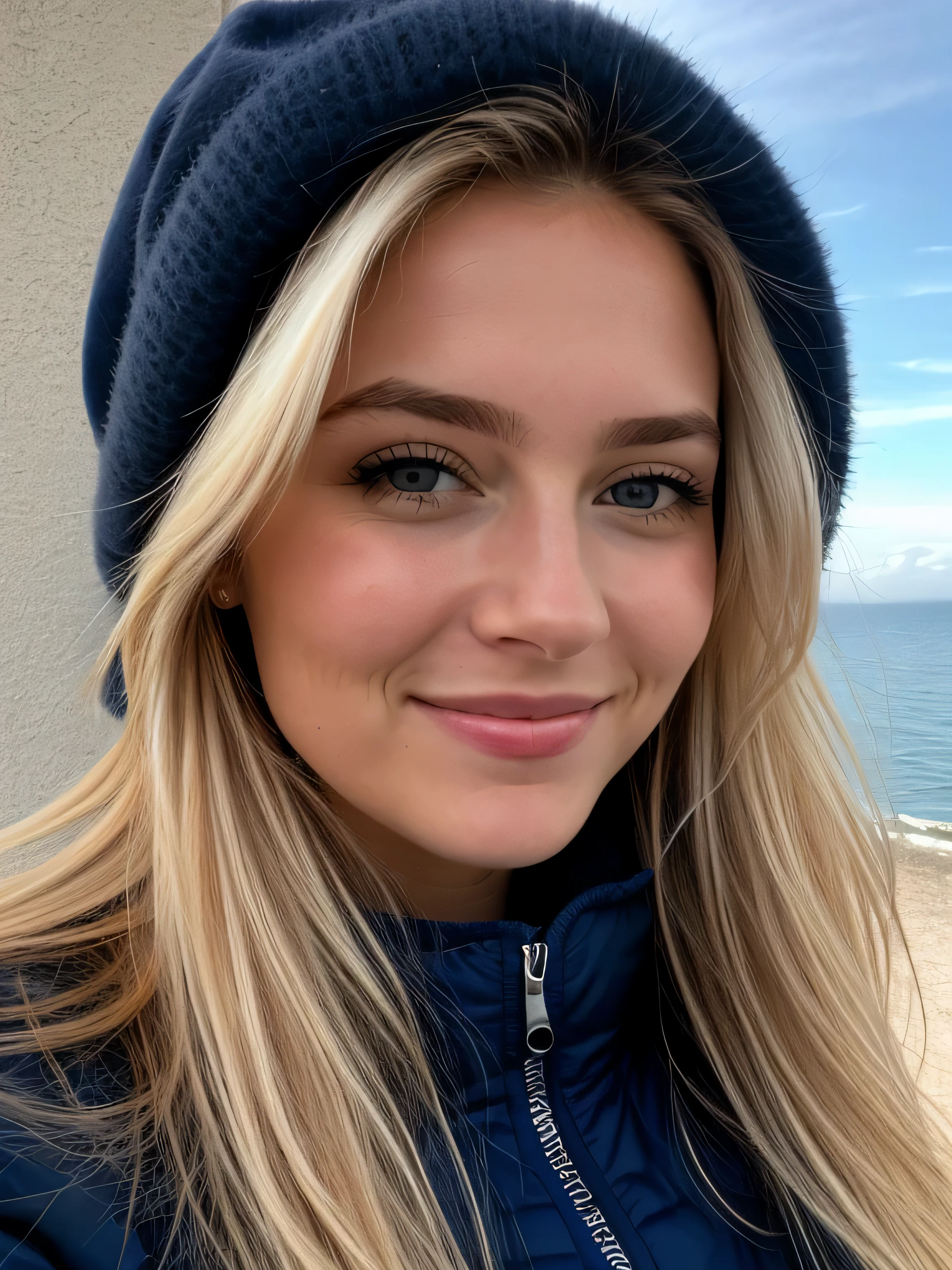 une femme blonde souriante de 23 ans fait un selfie en plein air au bord de la mer, Très beau temps, on voit la mer en arrière-plan, la mer couvre tout le fond, grand ciel bleu ensoleillé, Photoréalisme, Cheveux blonds with the racines châtain clair, cheveux blond, Cheveux avec des racines brunes, yeux bleus, belle femme, vue de face, Très gros plan du visage, zoom sur le visage, un blouson d'hiver noir, Haute qualité, selfie