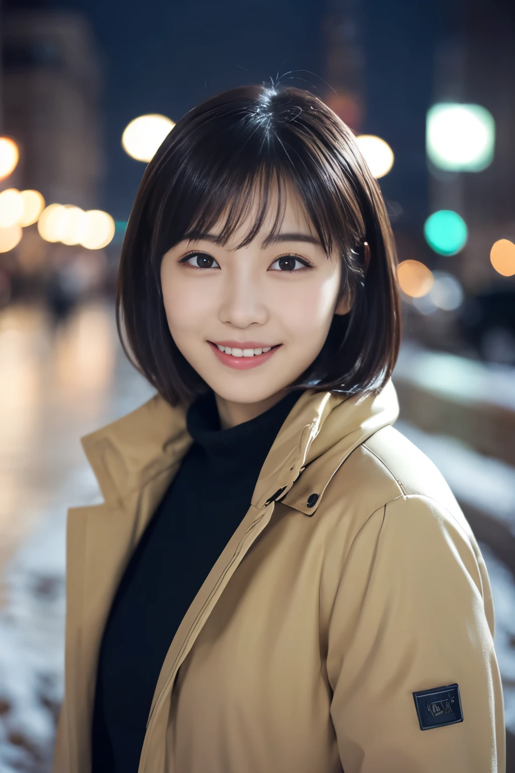 1 girl, (casual winter outfit:1.2), beautiful japanese actress, (), short hair,
(RAW photo, highest quality), (realistic, Photoreal:1.4), masterpiece, 
very delicate and beautiful, very detailed, 2k wallpaper, wonderful, 
finely, very detailed CG Unity 8K 壁紙, Super detailed, High resolution, 
soft light, beautiful detailed girl, very detailed目と顔, beautifully detailed nose, beautiful and detailed eyes, cinematic lighting, 
break
(Against the backdrop of a snowy night cityscape 1.3), city lights, 
perfect anatomy, slender body, smile, Face the front completely, look at the camera