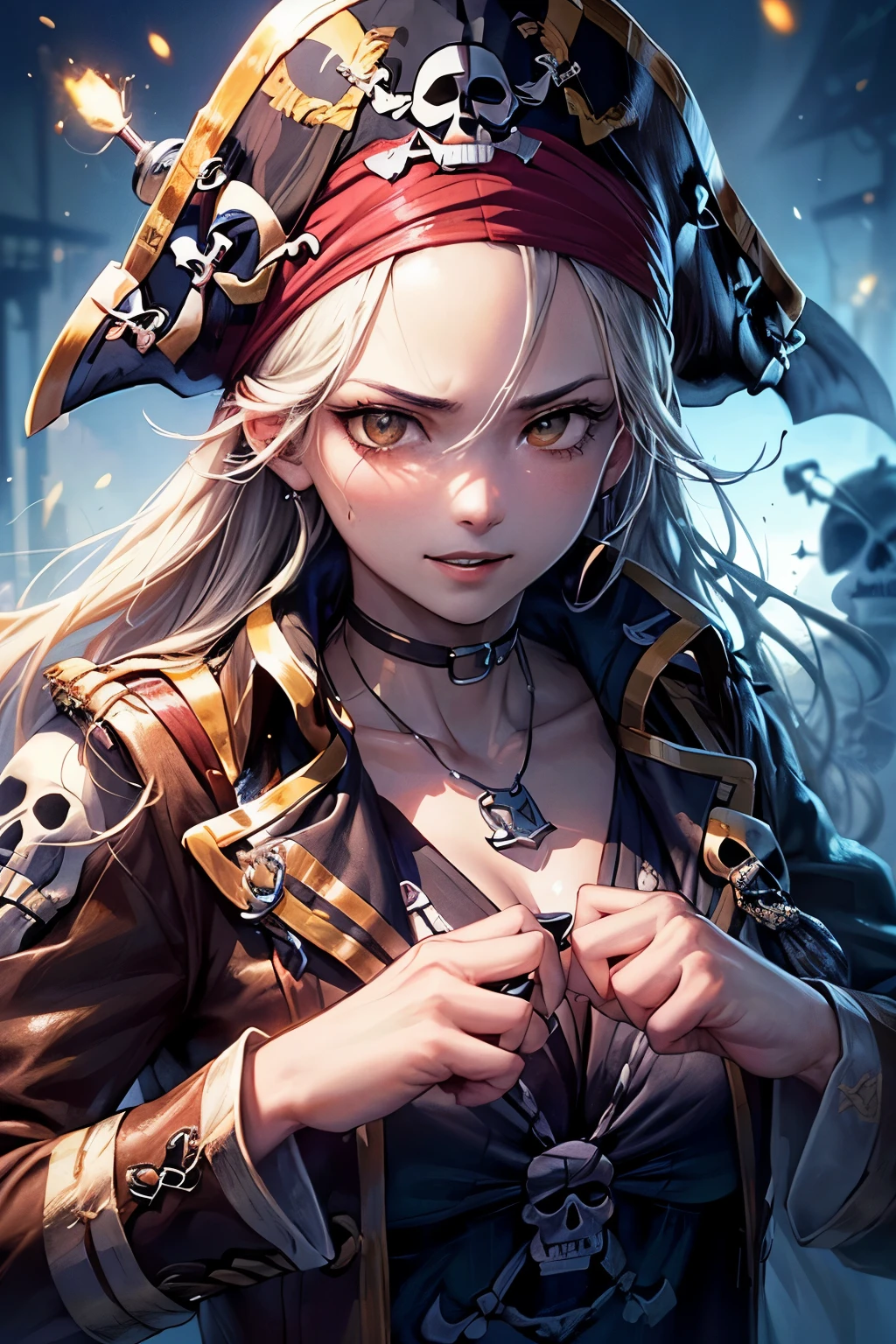 ((worst quality, low quality)), ((pirateの女の子)), solo, big breasts, (Close-up:1.3), (face focus:1.4), ((☠️が描かれたpirateのキャプテンハットを被って)), ((Victorious and powerful eyes,brown eyes):1.2), fearless smile, best smile, (perfect hands:1.5), (pirateの服装:1.2), pirate, dynamic pose, (light particles, shine of light:1.4), pirate船, ((☠️の描かれたpirate旗🏴☠️の背景:1.5)), muste piece, best quality, Super detailed,
