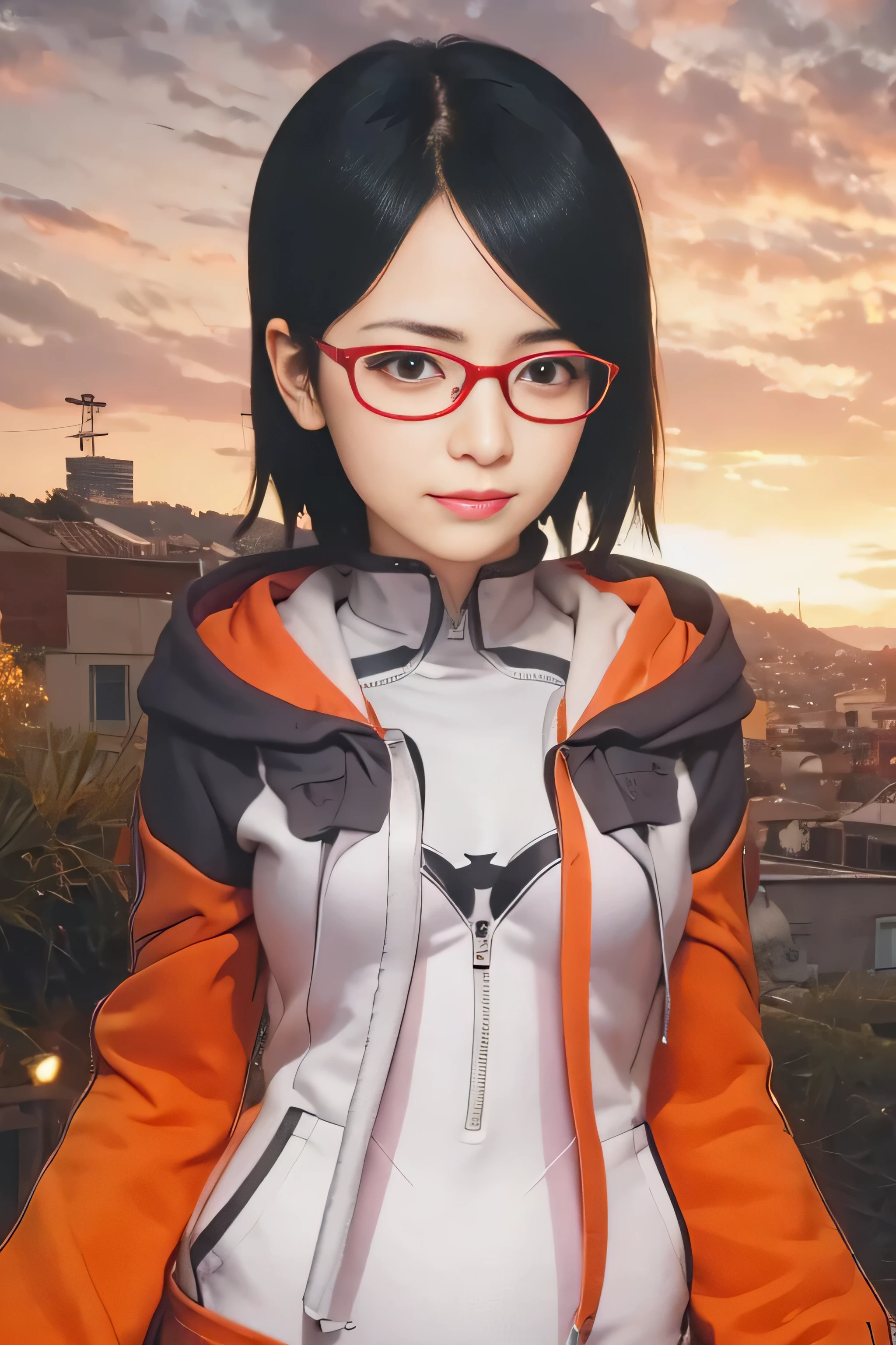 masterpiece, best quality, (realistic,photo-realistic:1.4), (RAW photo:1.2), extremely detailed CG unity 8k wallpaper, delicate and beautiful, amazing,finely detail, official art, absurdres, incredibly absurdres, huge filesize, ultra-detailed,extremely detailed eyes and face,light on face,(little smile),(wearing red framed glasses:1.4),sarada,(black hair:1.4),short hair,(wearing hoodie:1.4),(winter background:1.4),(bodysuit inside hoodie:1.5)