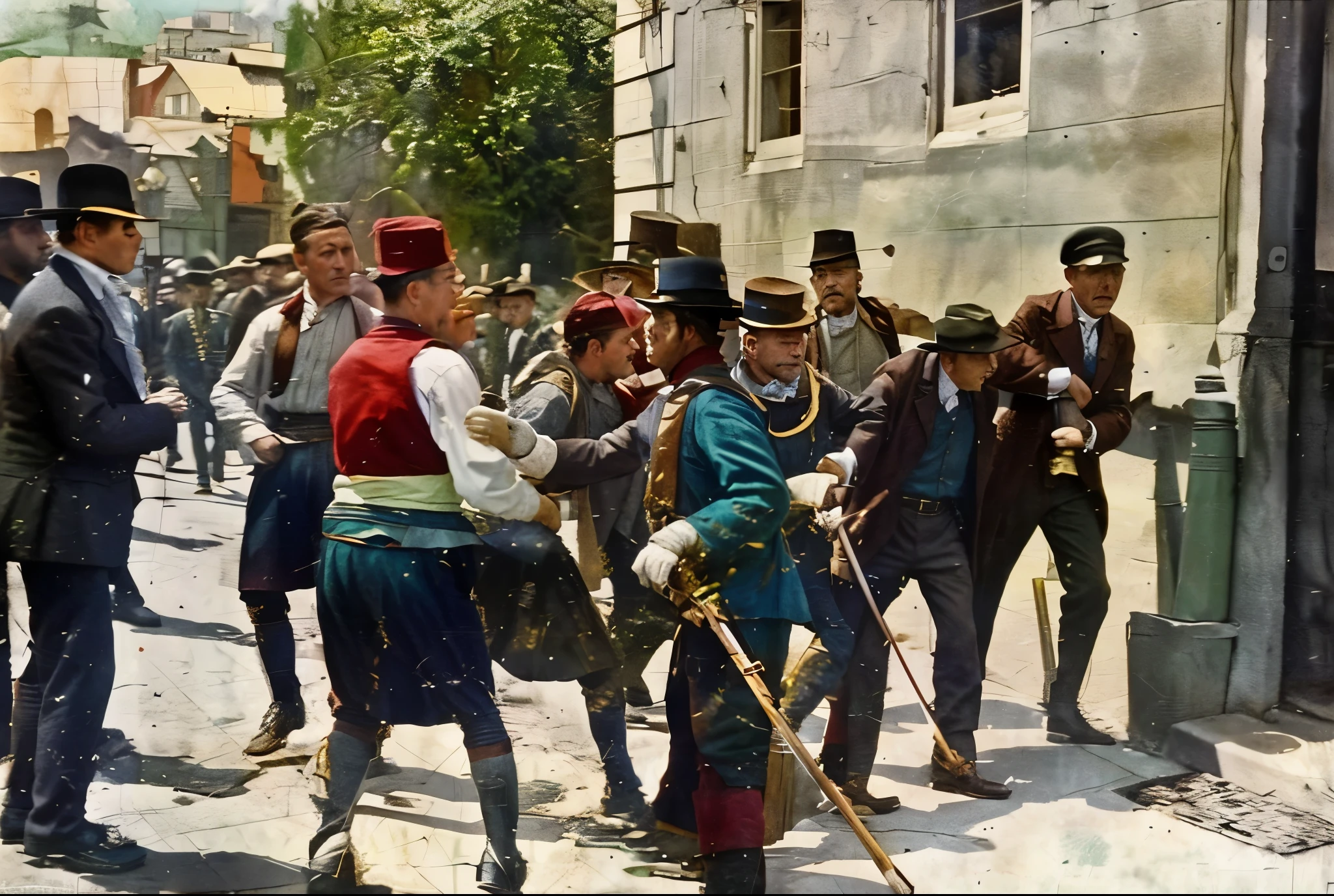 there are many people standing on the street with hats and canes, colourized, historical reenactment, colorized 1 9 0 4 photo, colorized, colorized photograph, 1904, fighting scene, colourised, 1905, 1 9 0 5, colorized photo, 1907, action scene from the film, award winning colorized photo
