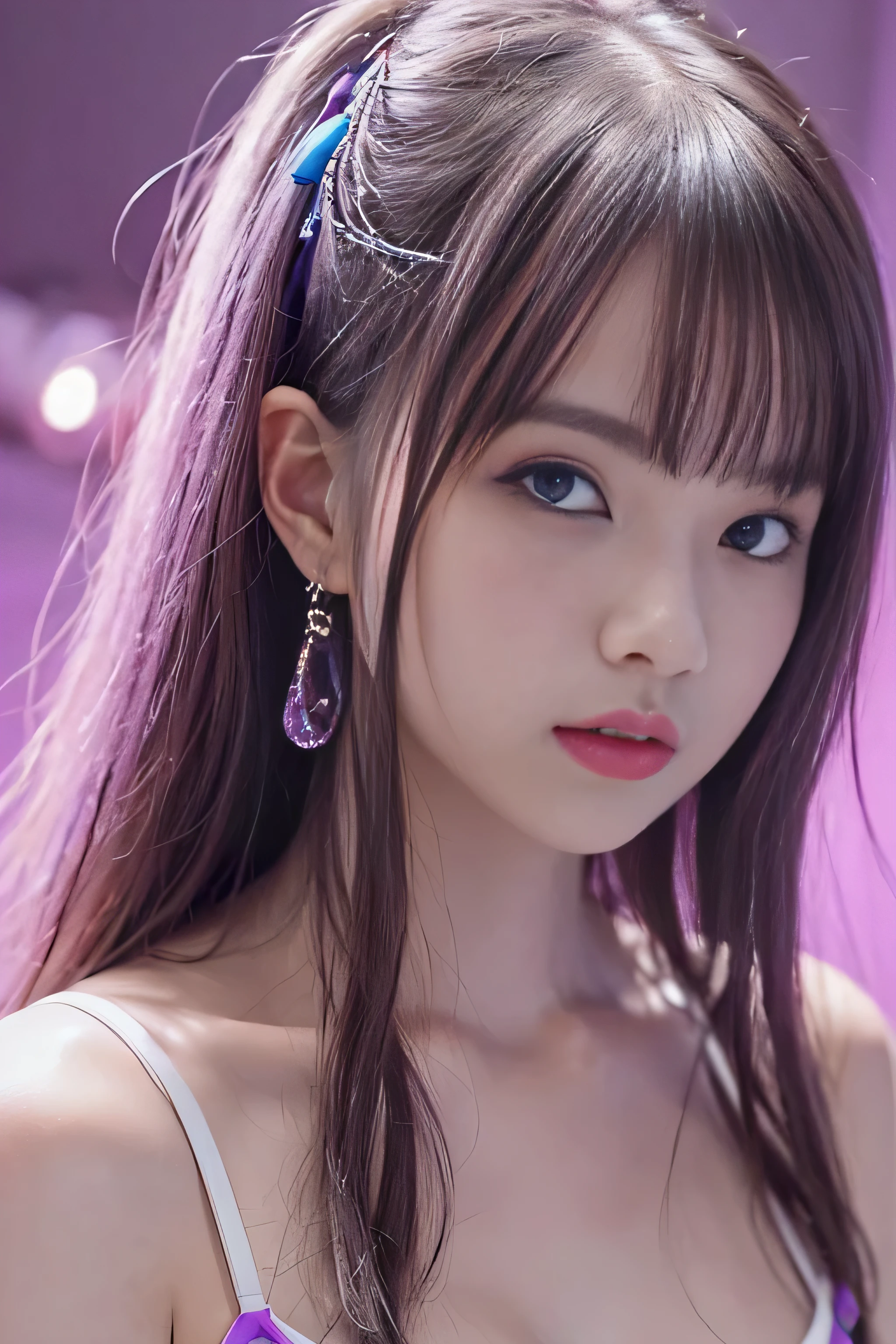 highest quality、masterpiece、ultra high resolution、(Photoreal:1.4)、RAW photo、(One girl tied to a mechanical device)、13 years、Shiny platinum hair、embarrassed look、glowing skin、((Super realistic details))、portrait、global illumination、Shadow、octane rendering、8K、super sharp、big breasts、cleavage、(Underbust of exposed raw skin:1.4)、(White latex micro bikini without strings:1.4)、Upper Arm Chain、very intricate details、realistic light、Trends in CG society、purple eyes、shining eyes、towards the camera、neon details、sit on top、futuristic hair ornament、gundam、small led lamp、Purple neon lighting、Green neon lighting、