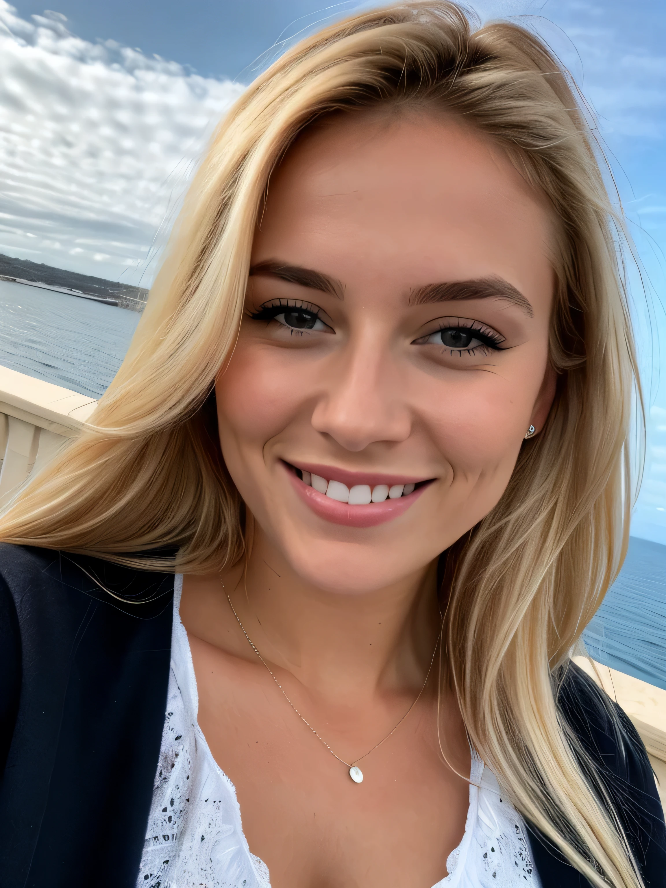 une femme blonde souriante de 23 ans fait un selfie en plein air au bord de la mer, Très beau temps, on voit la mer en arrière-plan, la mer couvre tout le fond, grand ciel bleu ensoleillé, Photoréalisme, Cheveux blonds with the racines châtain clair, cheveux blond, Cheveux avec des racines brunes, yeux bleus, belle femme, vue de face, Très gros plan du visage, zoom sur le visage, un blouson d'hiver noir, Haute qualité, selfie