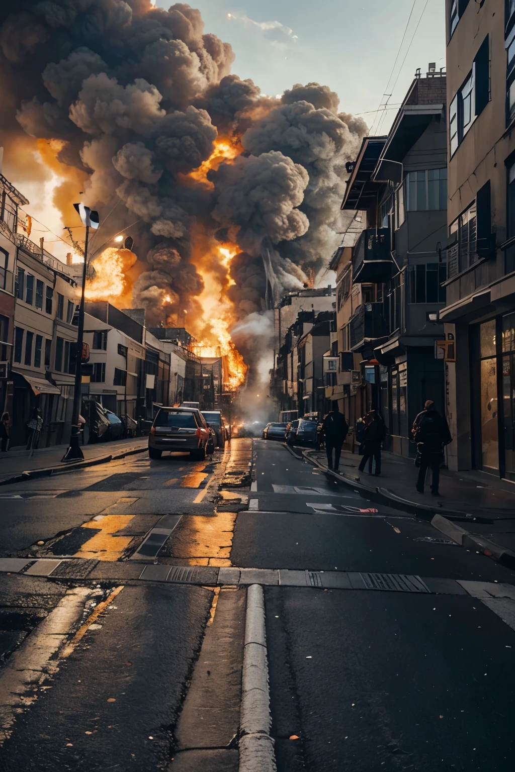 draw a picture of a city on fire. Take the image from the perspective of standing in the middle of a street between buildings on fire. Make the image realistic with 4k quality