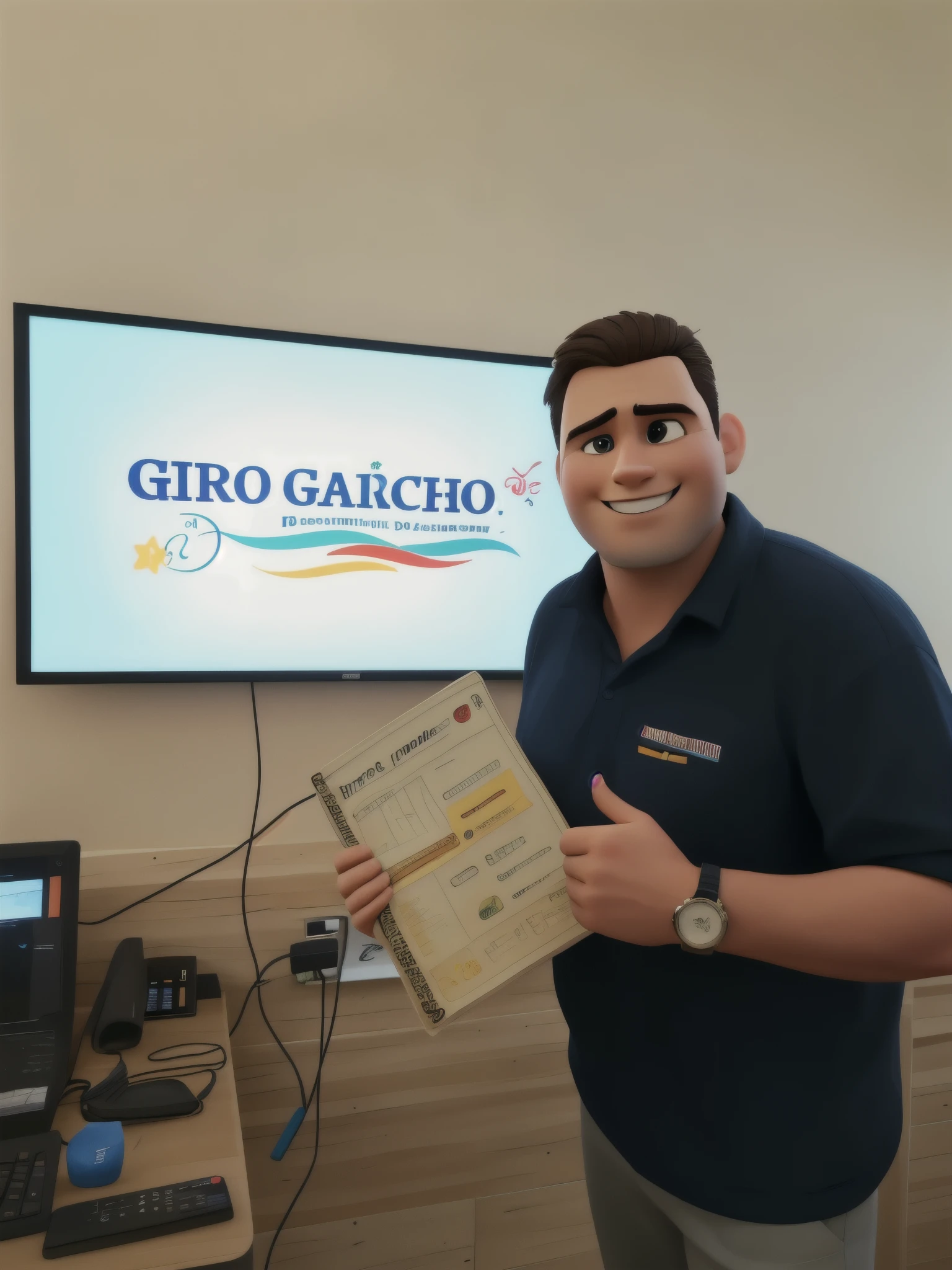 a charismatic man, in the Disney Pixar 3D animation style, holding a menu, realistic features