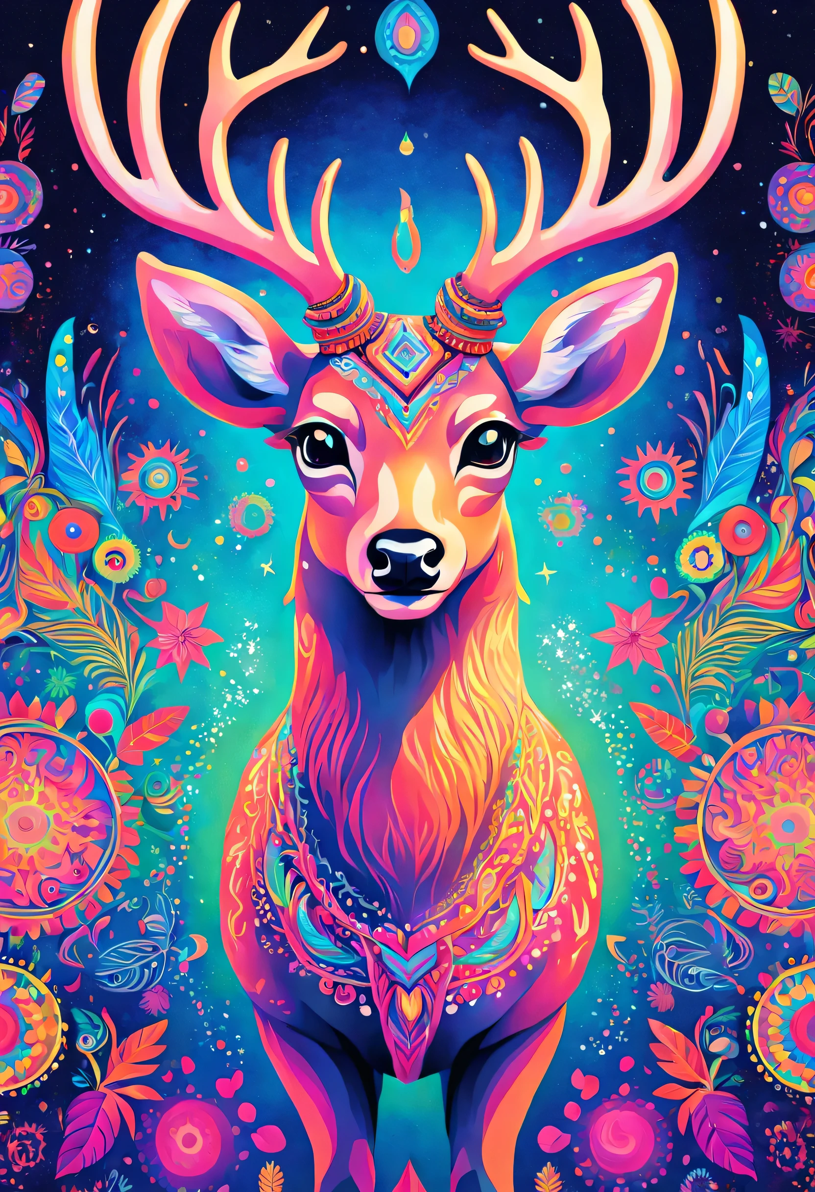 Une magnifique peinture d&#39;un cerf dans le style et les détails du dessin sami, et dans le style psychédélique, couleurs flashy. Rester dans l&#39;univers Sami