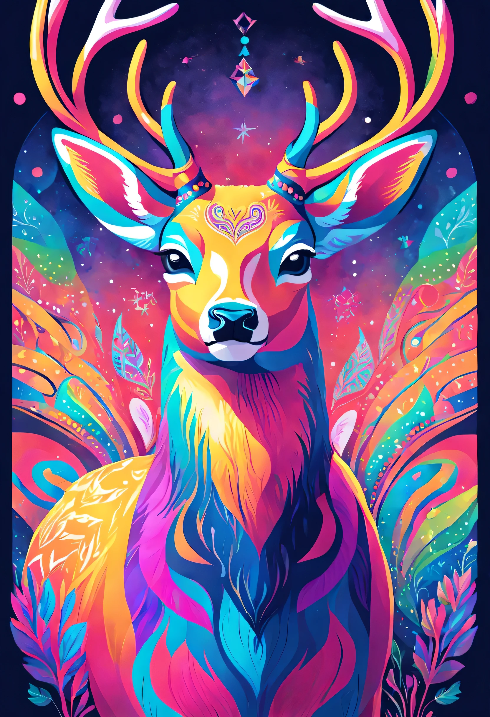 Une magnifique peinture d'un cerf dans le style et les détails du dessin sami, et dans le style psychédélique, couleurs flashy. Rester dans l'univers Sami