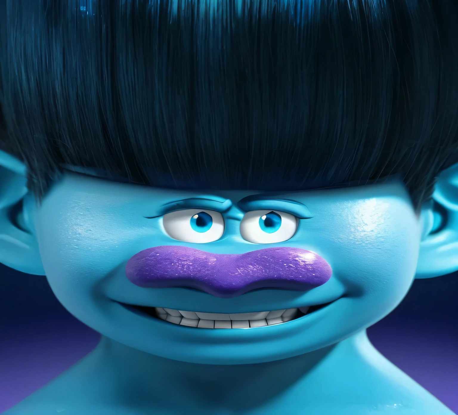 The image shows a blue troll with a purple nose and blue hair. The troll has blue thick fluffy eyebrows and evil round blue eyes The image depicts a close-up of a character from the animated movie Trolls World Tour. The character has blue skin, a black afro, and is making a surprised face. The focus is on the character's blue face with large blue eyes, thick eyebrows, and a purple mouth. The background is a solid blue color. The image is a still from the cartoon "Trolls". The blue troll character is depicted with an emotion of surprise. with a straight hairline. It shows a close-up of a blue troll with two large blue curly eyes raised up in surprise. The troll has a blue face with dark blue eyebrows and blue eyes. He has a big purple nose underneath. He has a big purple nose underneath. It features a close-up of a blue troll with a large afro of hair. The troll has a blue face with dark blue eyebrows and blue eyes with black eyelashes. He has a purple nose blue troll with big blue eyes and black eyebrows. blue troll with black hair and large blue eyes. The troll has thick eyebrows and long eyelashes. glossy trolls with and glossy texture, smooth 3d model, multiple light sources, rim light, sharp post effects render, (glossy metallic texture with multiple big light probe refractions), perfect cgi, anthropomorphic cat, digital art, detailed digital art, reflective, best quality, 4k, masterpiece:1.2, ultra-detailed, realistic, vivid colors, dark and moody lighting, The image of the highest quality, ensuring every detail showcased perfectly. It in 4k resolution, allowing viewers to immerse themselves in the richness of the colors and intricate details. The realistic rendering. under the spotlight, reflecting, high-resolution image, realistic rendering, dark background, and rim light