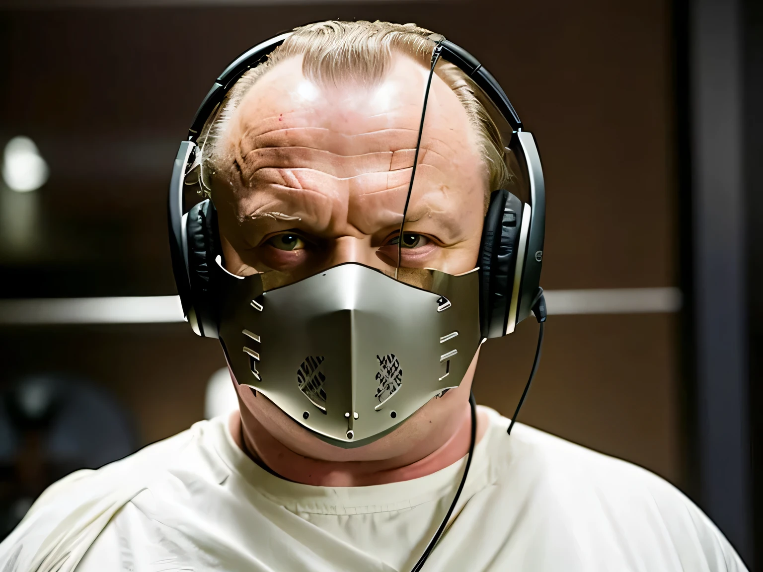 a close up of a person wearing a mask and headphones, hannibal lecter, hannibal lector, hannibal, marlon brando as baron harkonnen, anthony hopkins, still from the movie saw, 2022 movie, christopher lloyd as belial, scariest looking man alive, inspired by James Bolivar Manson, netflix, fox, with a white muzzle