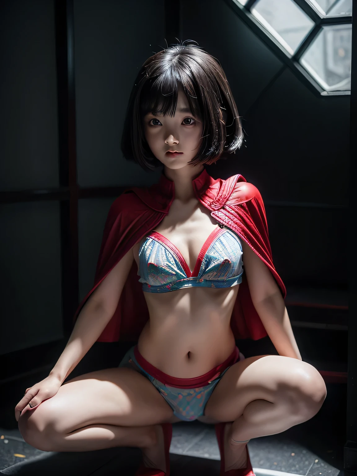super , masterpiece, highest quality, abstract, psychedelic, neon, (honeycomb pattern), (creative:1.3), fantasy 00d、 black hair、bob cut with trimmed ends、flat chest、Thin crotch、lolicon、belly button、High-leg style、red cloak、pointed nipples、white panties、(((squat)))、transparent clothes、