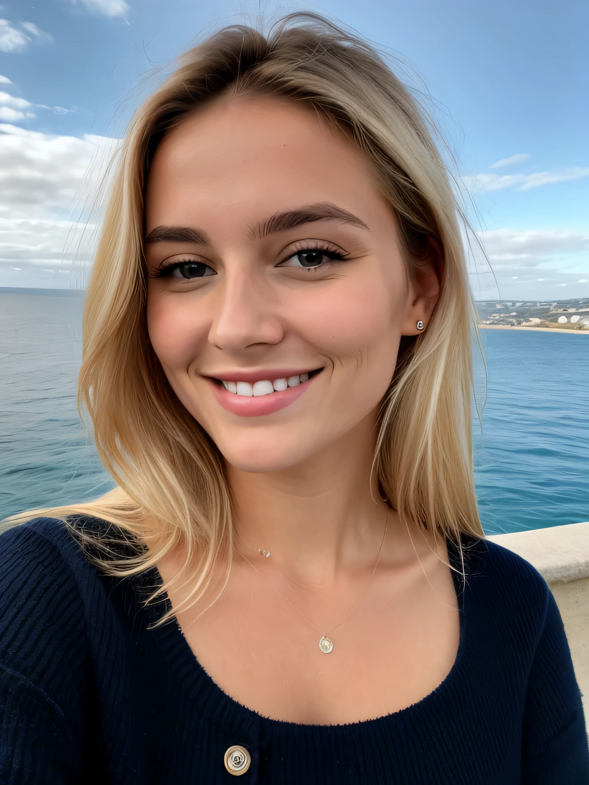 une femme blonde souriante de 23 ans fait un selfie en plein air au bord de la mer, Très beau temps, on voit la mer en arrière-plan, la mer couvre tout le fond, grand ciel bleu ensoleillé, Photoréalisme, Cheveux blonds with the racines châtain clair, cheveux blond, Cheveux avec des racines brunes, yeux bleus, belle femme, vue de face, Très gros plan du visage, zoom sur le visage, un blouson d'hiver noir, Haute qualité, selfie