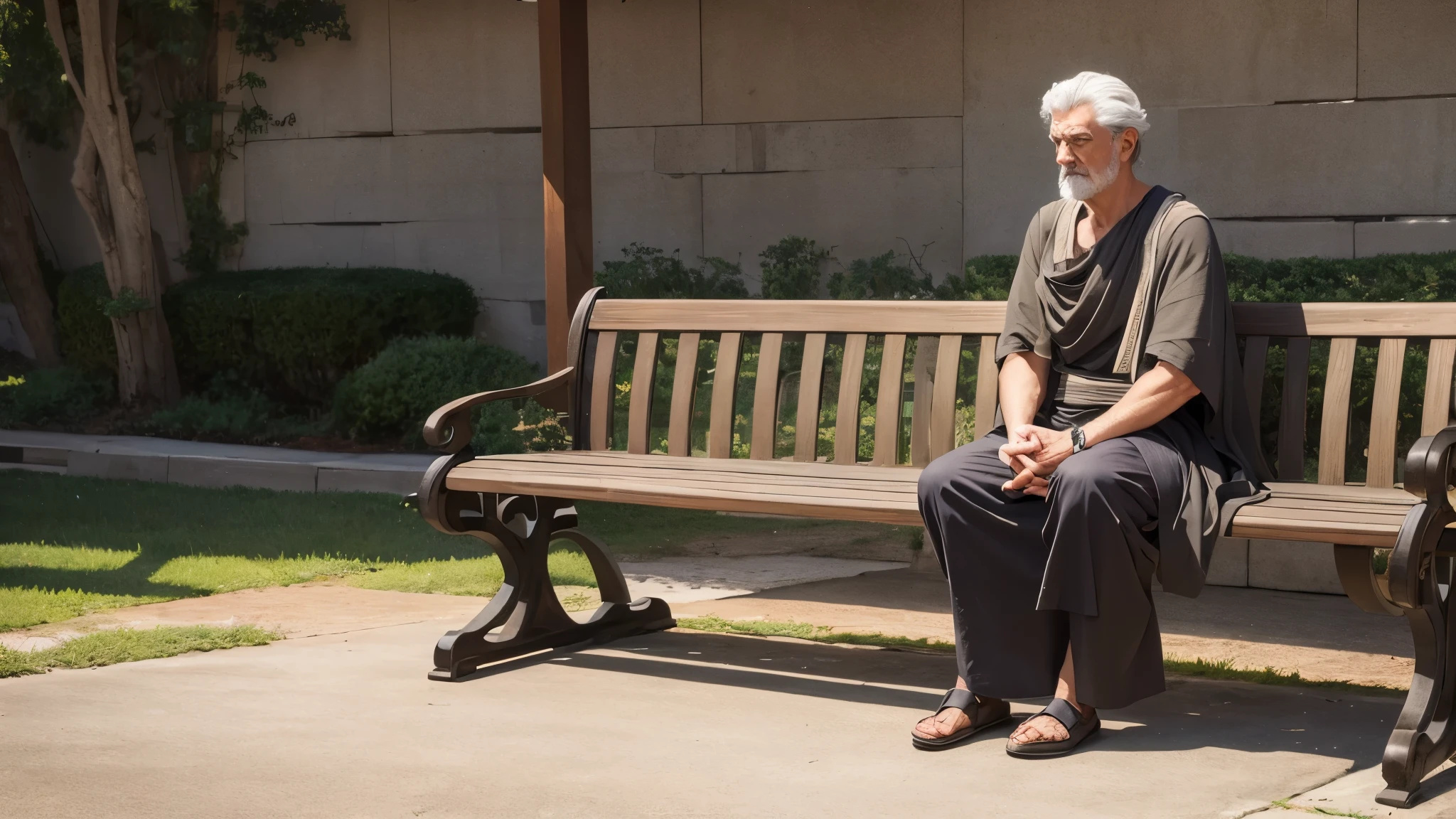 old stoic sage alone sitting on some bench reflecting on life, high quality, super realistic