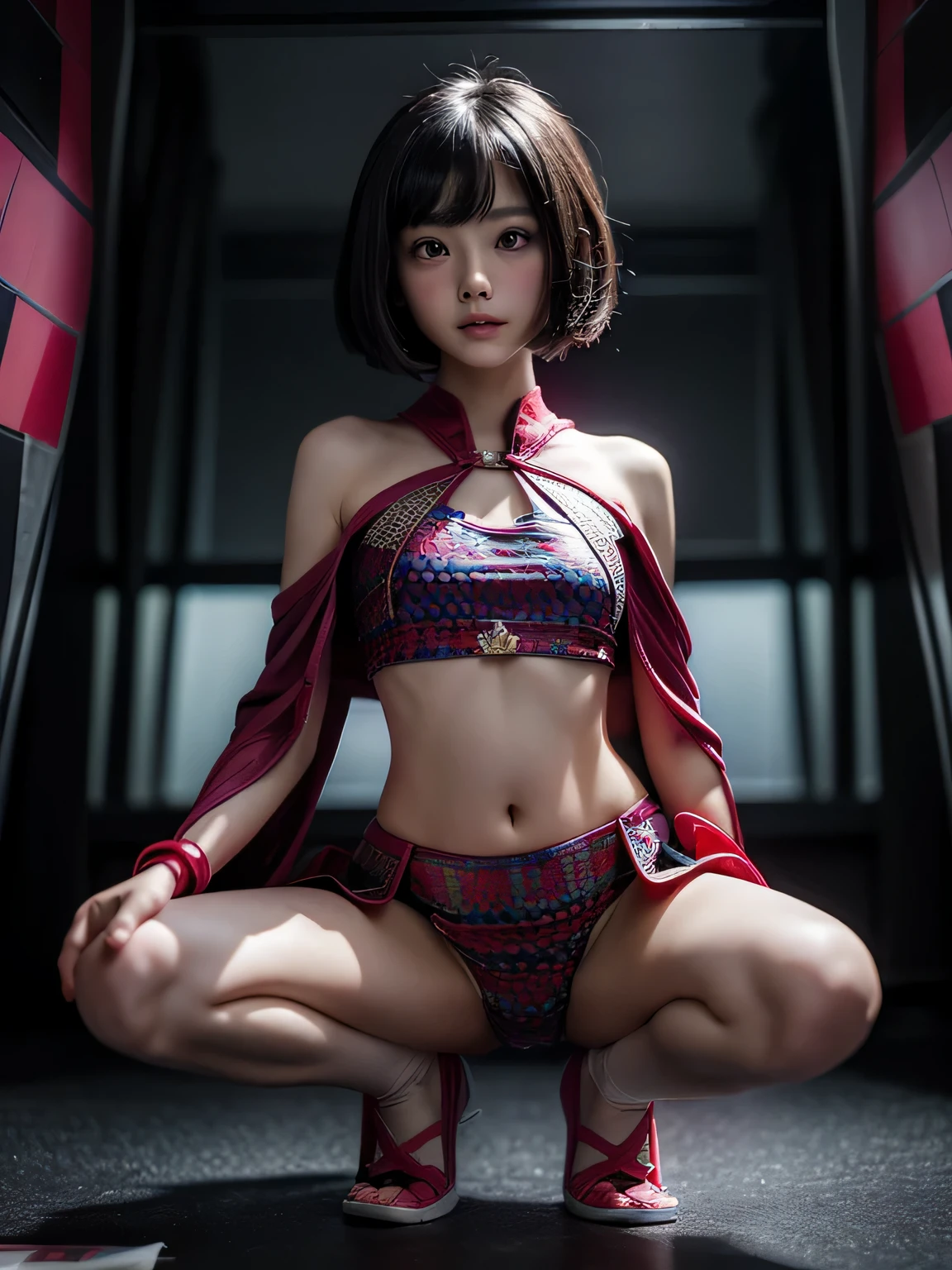 super girl elementary school student, masterpiece, highest quality, abstract, psychedelic, neon, (honeycomb pattern), (creative:1.3), fantasy 00d、 black hair、bob cut with trimmed ends、flat chest、Thin crotch、con、belly button、High-leg style、red cloak、pointed nipples、white panties、(((squat)))、transparent clothes、