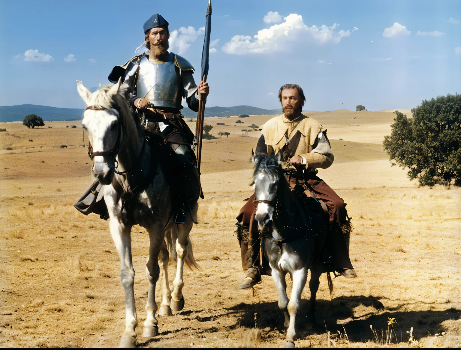 there are two men riding horses in a field with a flag, conquistador, don quixote left the book, in the film excalibur 1 9 8 0, still from a ridley scott movie, style jean giraud, arrendajo in avila pinewood, from a movie scene, medieval, lawrence of arabia, widescreen shot