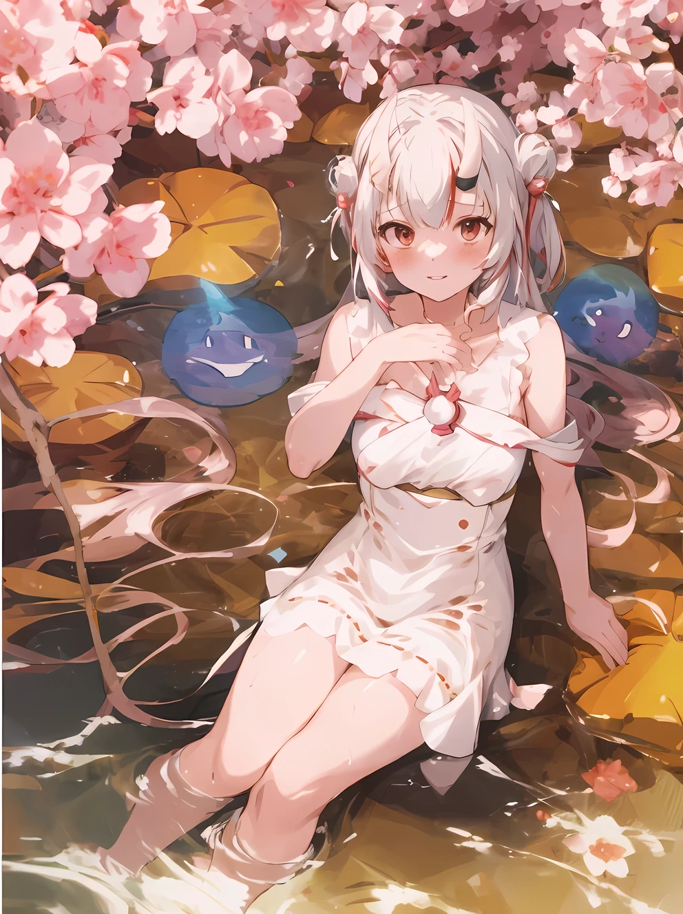 masterpiece, best quality, trending pixiv, perfect anatomy, WET bodies, thin towel, revealing clothes, naked, pussy, shy, blush, look up , onsen, sakura,