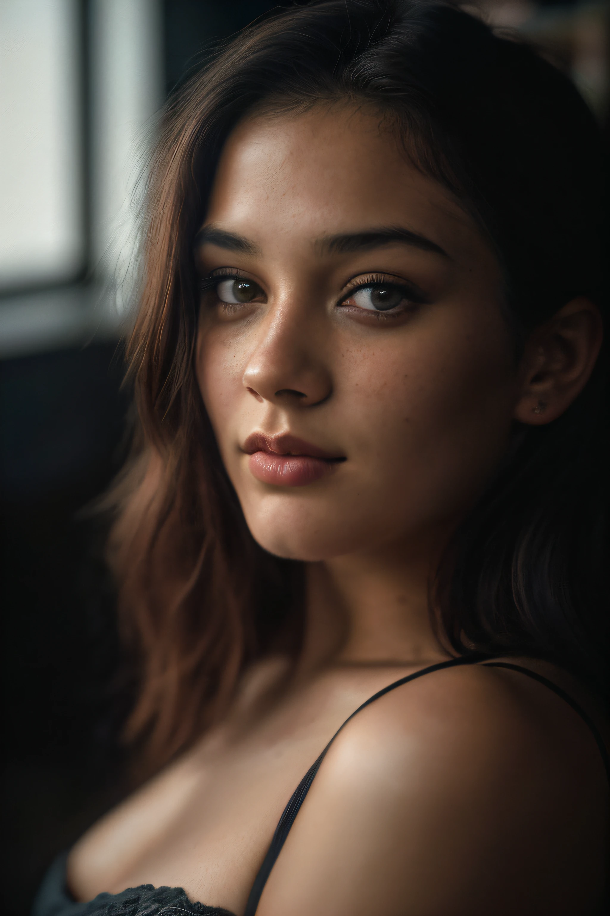 (fechar-se, fotografia editorial de uma mulher de 21 anos), (Rosto altamente detalhado:1.4) (sorriso:0.7) (fundo dentro escuro, temperamental, estudo privado:1.3) to throw, por Lee Jeffries, Nikon D850, fotografia de estoque de filme ,4 codas retrato 400 ,f1 camera.6 lentes ,Cores ricas ,hiper-realista ,textura realista, dramatic lighting , cinema 800,