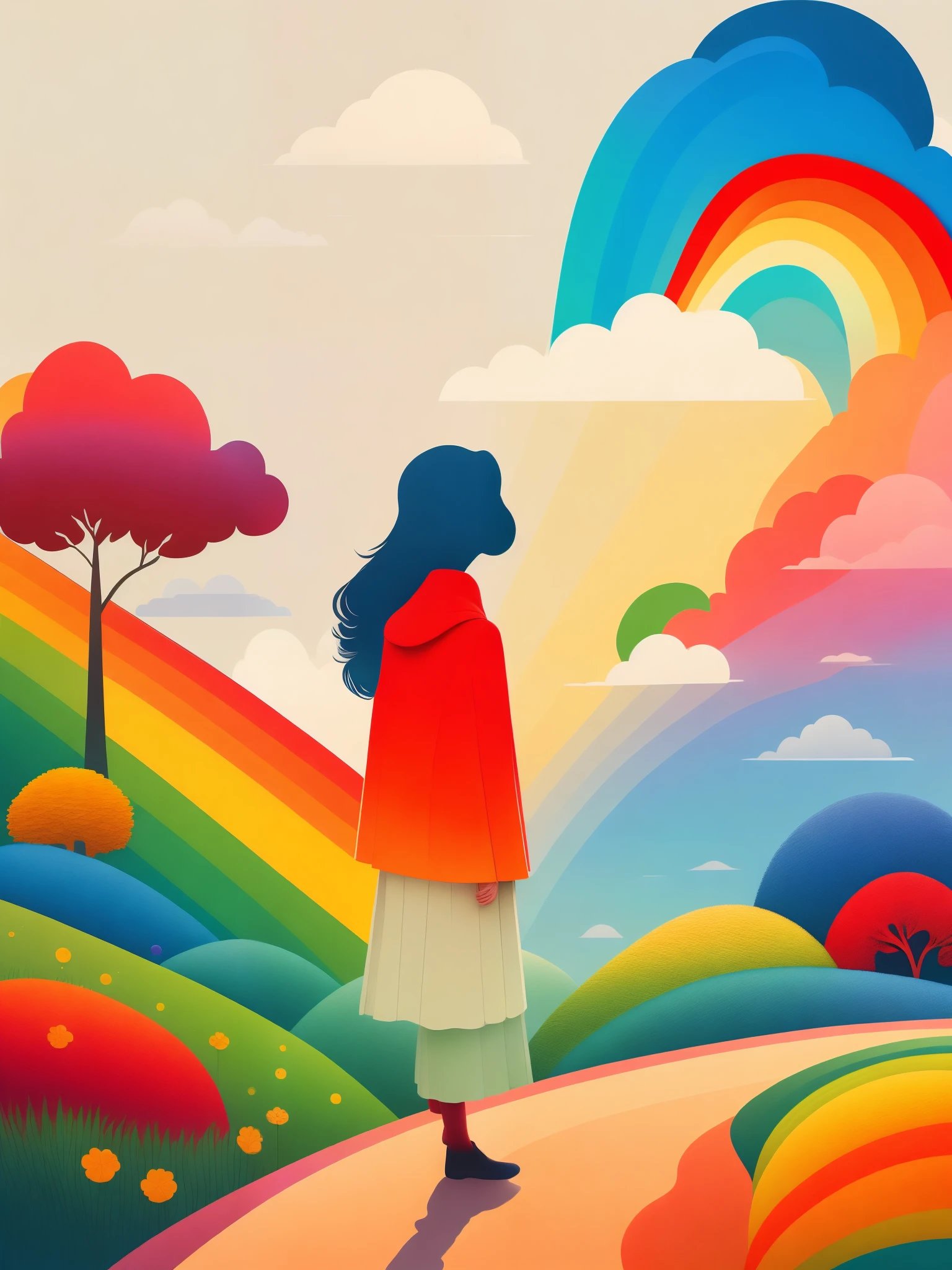 (masterpiece, best quality:1.2),art illustration,girl portrait,Long neck,超长的弯曲的rainbow色的头发铺成蜿蜒的小路,Small silhouette on the path,White clouds in the distance,rainbow,The composition,stitching,trees, rainbow, , Contrasting colors, in the spring landscape, Abstract surreal colors,rich and colorful, popular geometric surrealism, rainbow色的梦想, icon design, Rozmin trip, vector art,