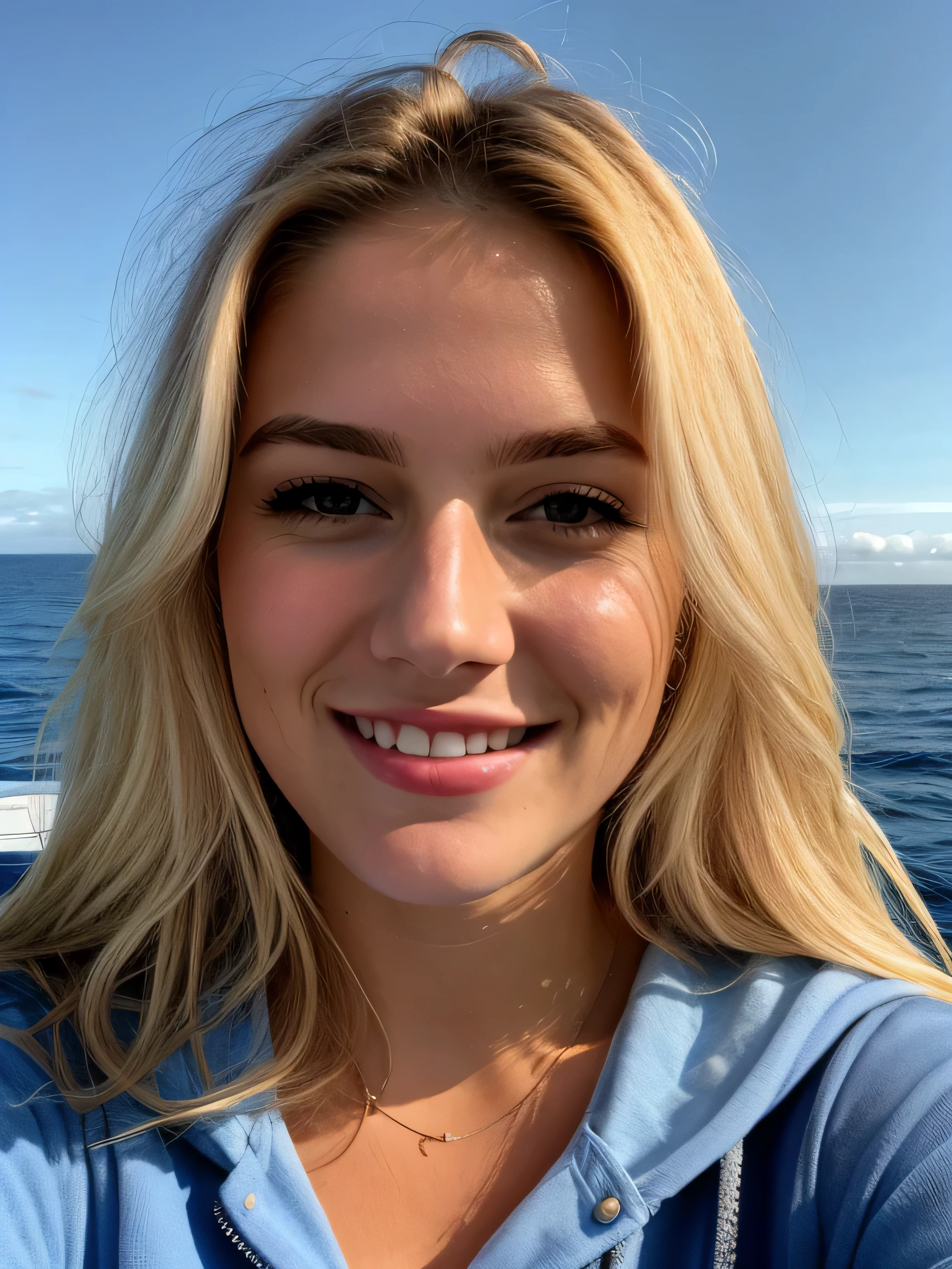 une femme blonde souriante de 23 ans fait un selfie en plein air au bord de la mer, Très beau temps, on voit la mer en arrière-plan, la mer couvre tout le fond, grand ciel bleu ensoleillé, Photoréalisme, Cheveux blonds with the racines châtain clair, cheveux blond, Cheveux avec des racines brunes, yeux bleus, belle femme, vue de face, Très gros plan du visage, zoom sur le visage, un blouson d'hiver noir, Haute qualité, selfie