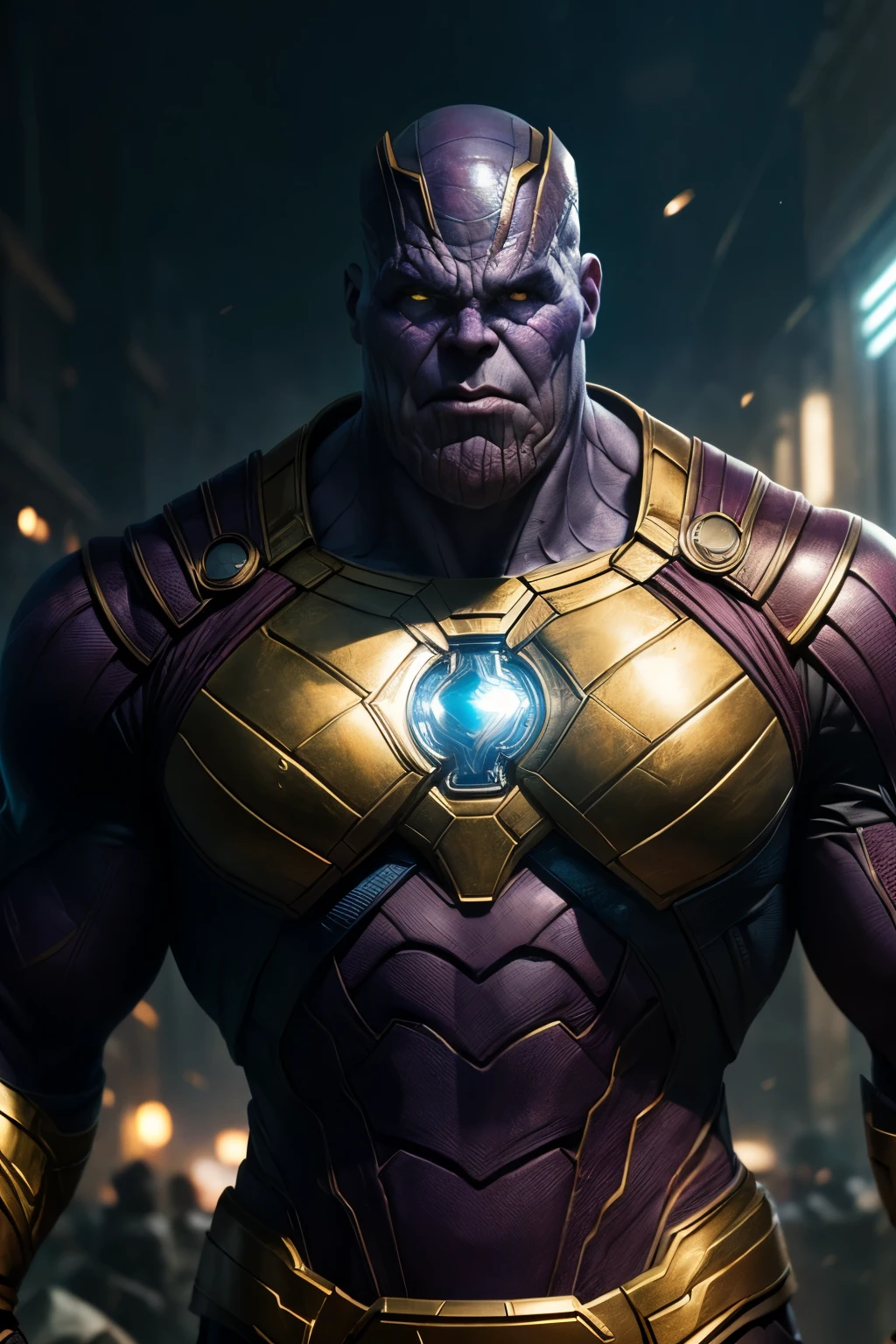 (8k, RAW photo, best quality, Masterpiece: 1.2), ultra detailed, official art, photorealistic: 1.37, upper body photo, Marvel Cinematic Universe Thanos, film grain, pose action
