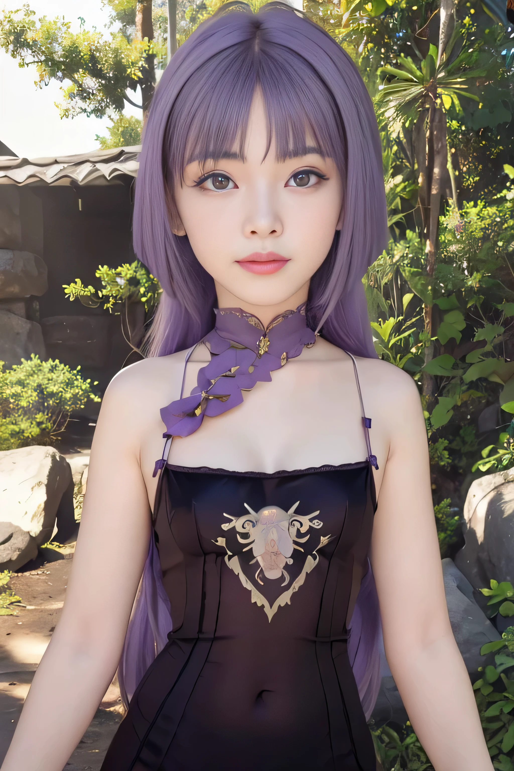 masterpiece, best quality, (realistic,photo-realistic:1.4), (RAW photo:1.2), extremely detailed CG unity 8k wallpaper, delicate and beautiful, amazing,finely detail, official art, absurdres, incredibly absurdres, huge filesize, ultra-detailed,extremely detailed eyes and face,light on face,sumire kakei,(little smile),(purple hair:1.4),long hair,(wearing lingerie:1.4),(jungle background:1.4),