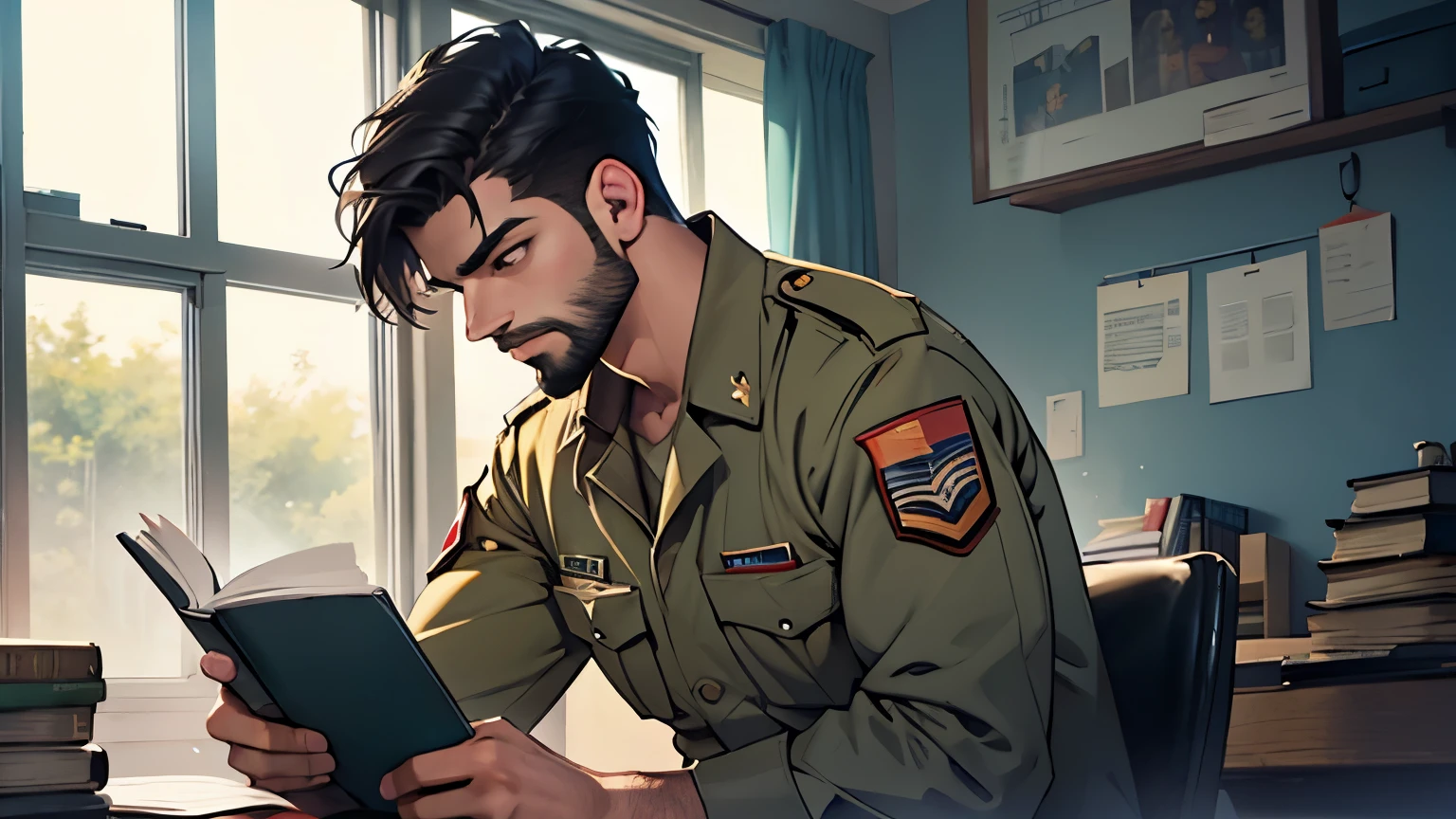 Karan Wahi with beard reading book in hostel in army uniform, sharp, 4k
