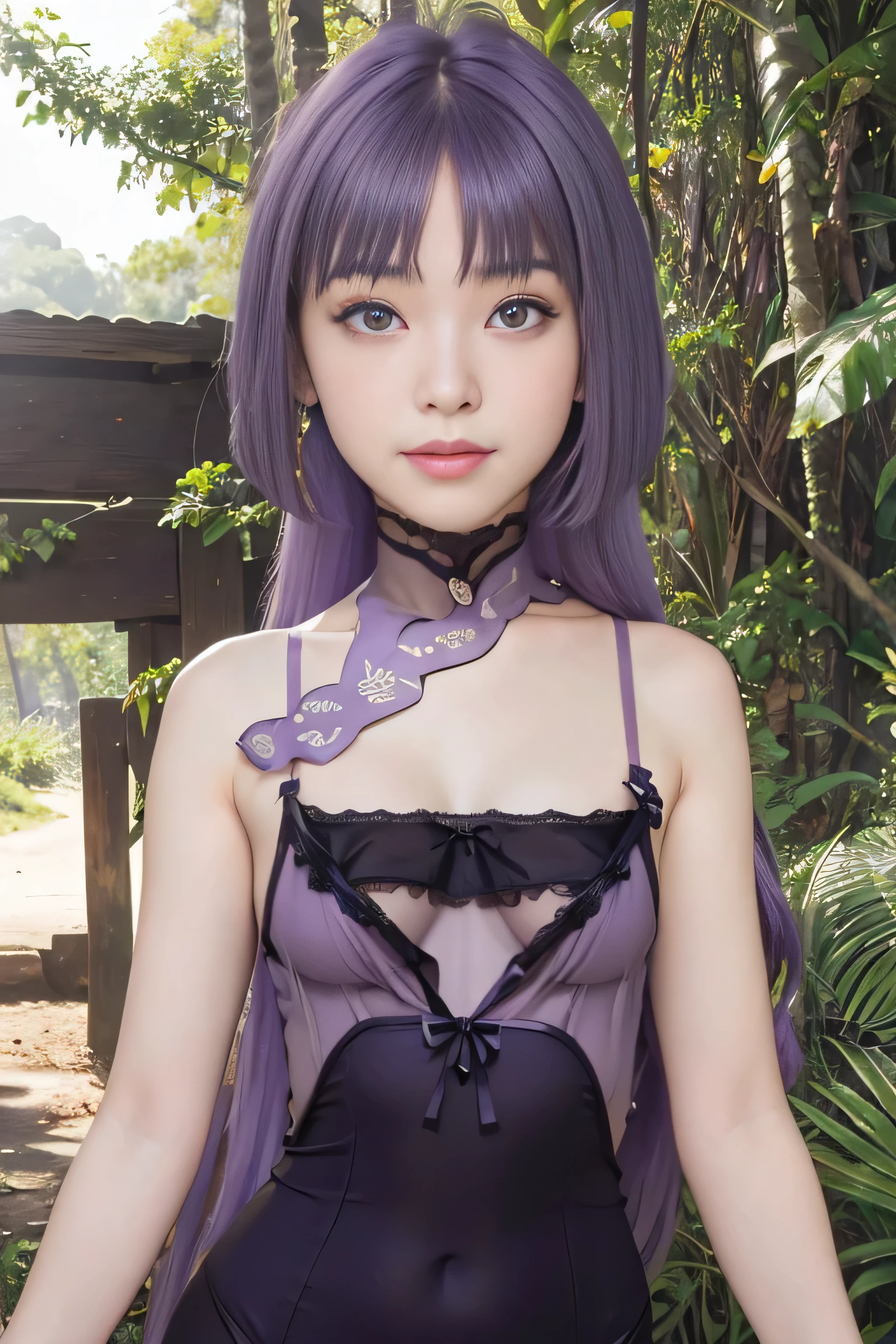 masterpiece, best quality, (realistic,photo-realistic:1.4), (RAW photo:1.2), extremely detailed CG unity 8k wallpaper, delicate and beautiful, amazing,finely detail, official art, absurdres, incredibly absurdres, huge filesize, ultra-detailed,extremely detailed eyes and face,light on face,sumire kakei,(little smile),(purple hair:1.4),long hair,(wearing lingerie:1.4),(jungle background:1.4),