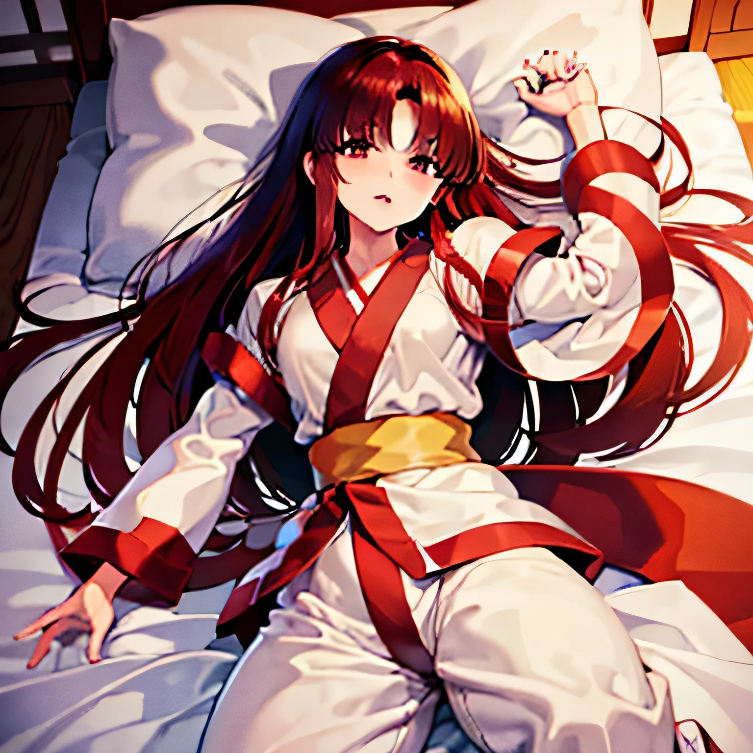 boudoir、on the bed、Nakoruru、Nakoruruムス、red hair band、red ribbon、NSFW、Take a full body photo、lewd look,fuck me