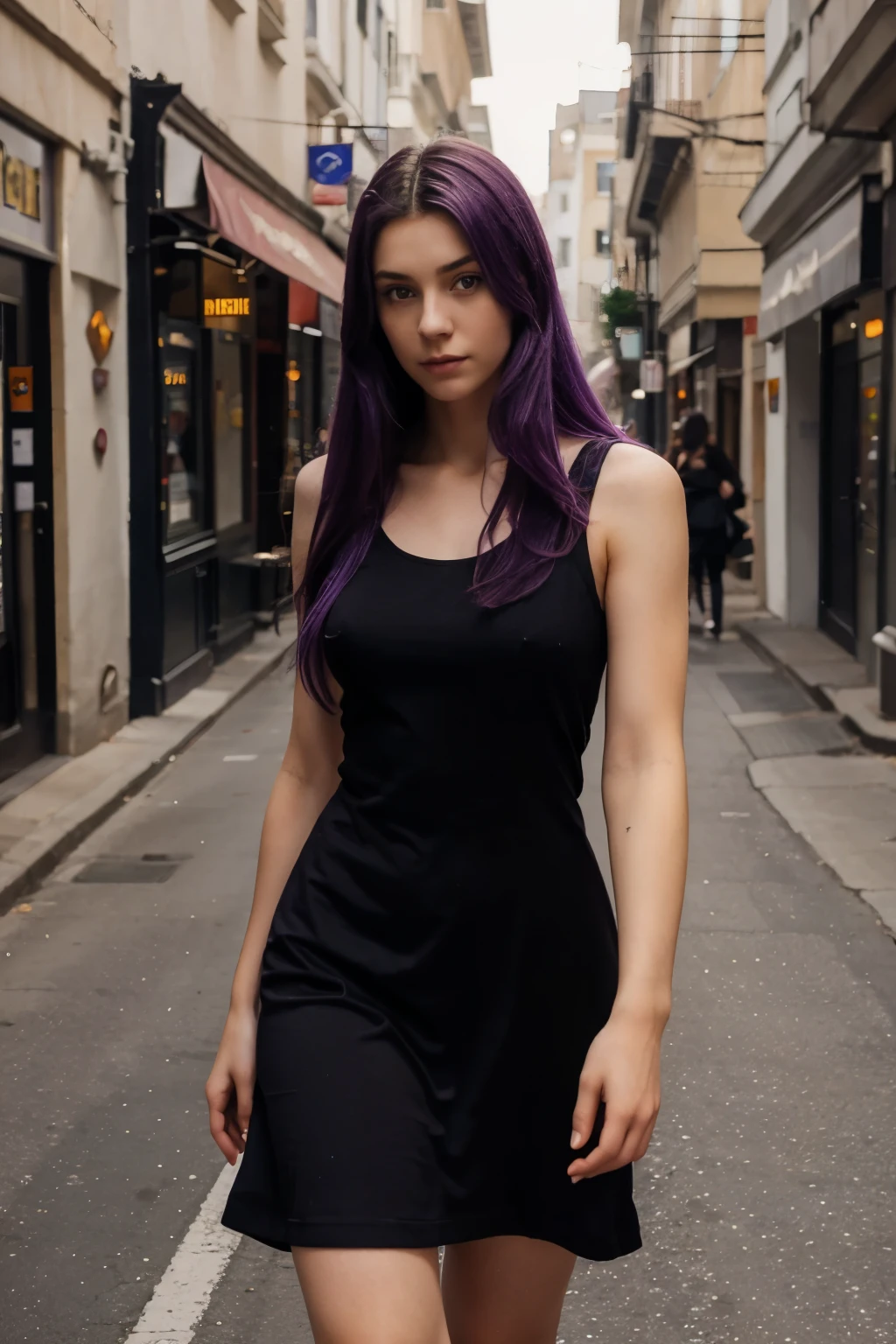 1 girl, purple hair, long hair, Best quality, Realistic, realism, Dark purple sleeveless dress, Dragon tattoo on the shoulder,  Detailed eyes, 18 year old girl, full length, to the streets