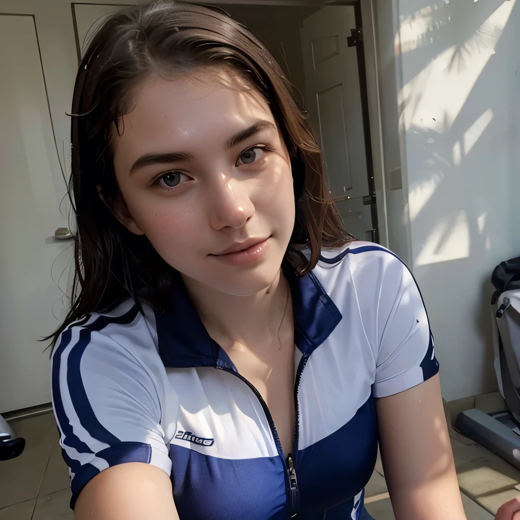 instagram photo, closeup face photo of 23 y.o Chloe in cycling uniform, cleavage, pale skin, (smile:0.4), hard shadows, cycling outfit, after shower with wet hair, training camp