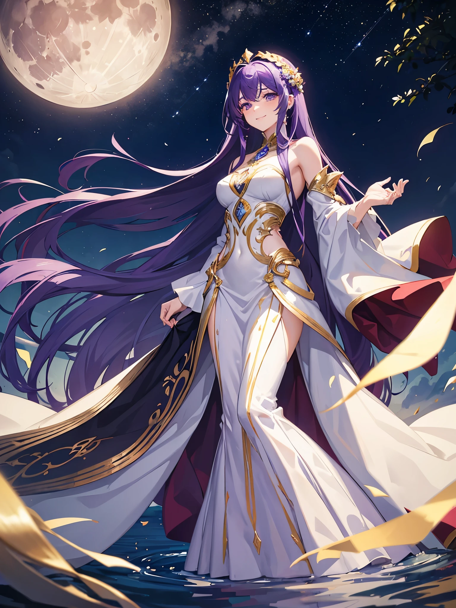 A man with long purple hair,eyes woman,Wearing a long dress,Wearing the moon crown,Standing under the moon sky,smile solemnly