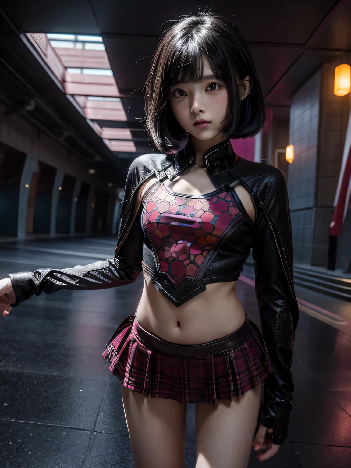 super girl elementary school student, masterpiece, highest quality, abstract, psychedelic, neon, (honeycomb pattern), (creative:1.3), fantasy 00d、 black hair、bob cut with trimmed ends、flat chest、thin crotch、con、belly button、High-leg style、red cloak、pointed nipples、white panties、(((squat)))、transparent clothes、

