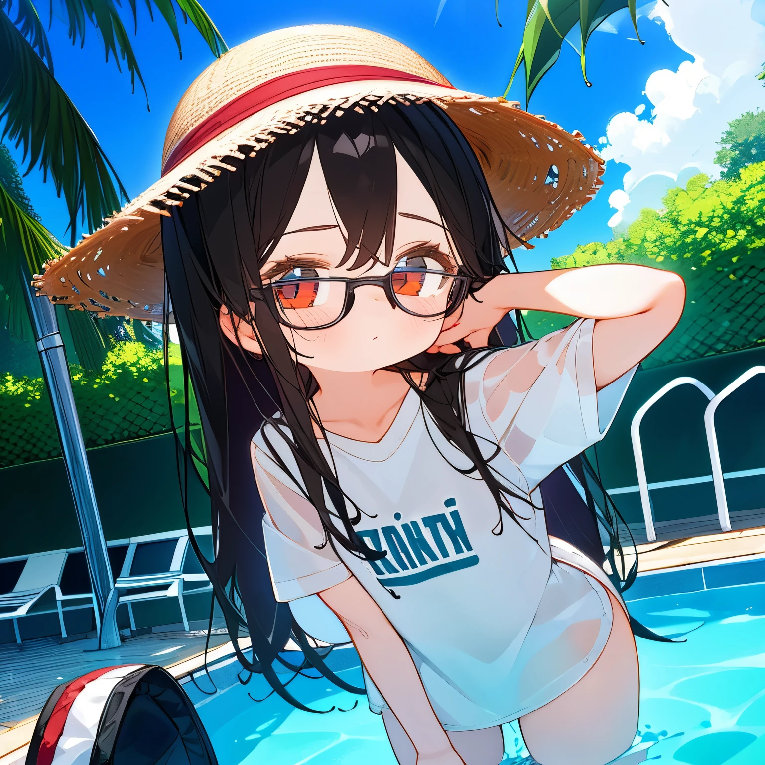 (best quality,masterpiece:1.3),((cute 1 girl:1.2)),(,8 years old:1.4), expressive eyes, perfect face, eye (red), Simple White Headphones, Bucket Hat, long hair Black, Round Glasses Black, Tote Bag, oversize shirt, no pant, low view, wet shirt, forehead, open forehead, pool