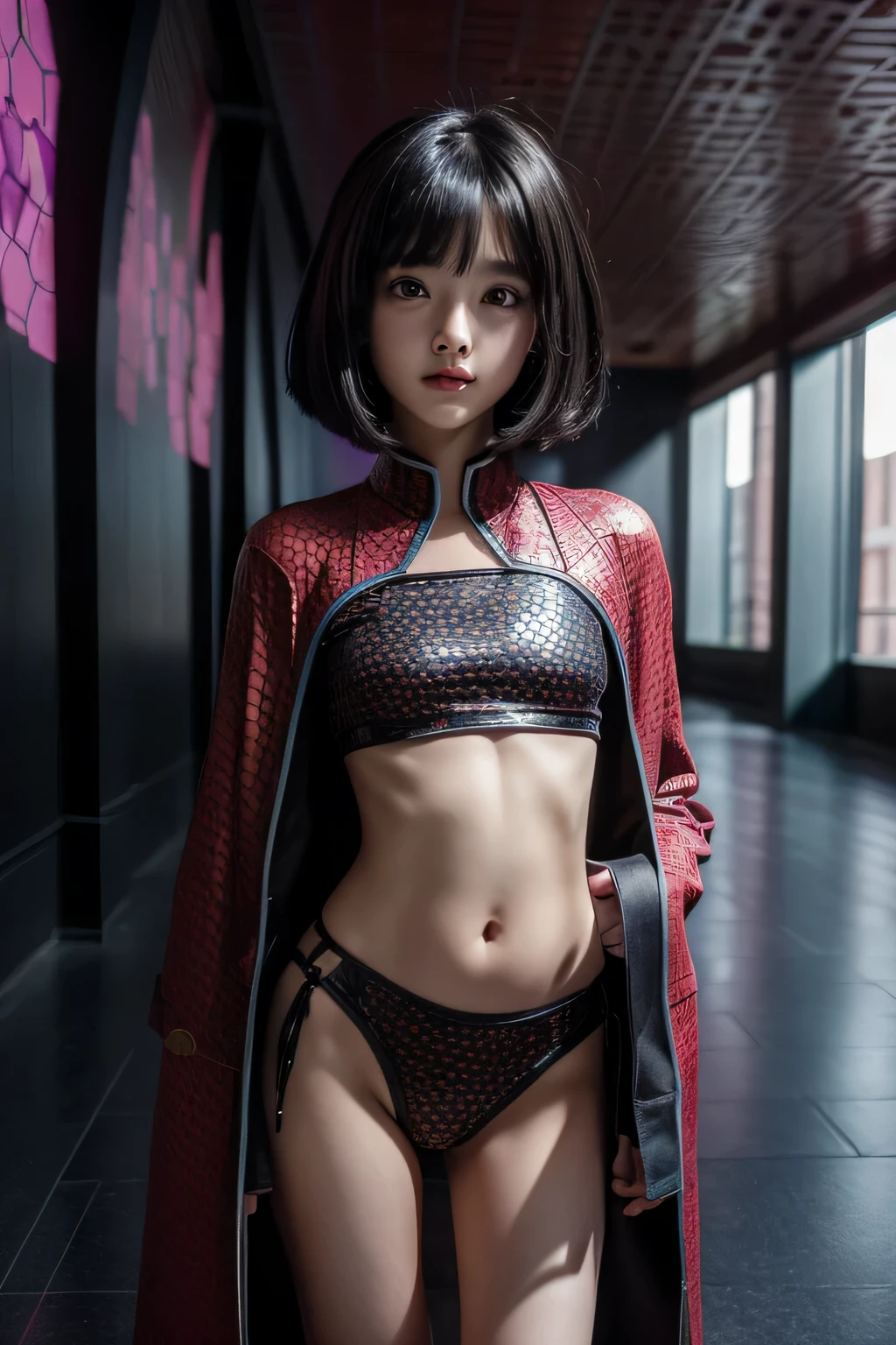 super girl elementary school student, masterpiece, highest quality, abstract, psychedelic, neon, (honeycomb pattern), (creative:1.3), fantasy 00d、 black hair、bob cut with trimmed ends、flat chest、Thin crotch、con、standing on the walkway、belly button、High-leg style、red cloak、pointed nipples