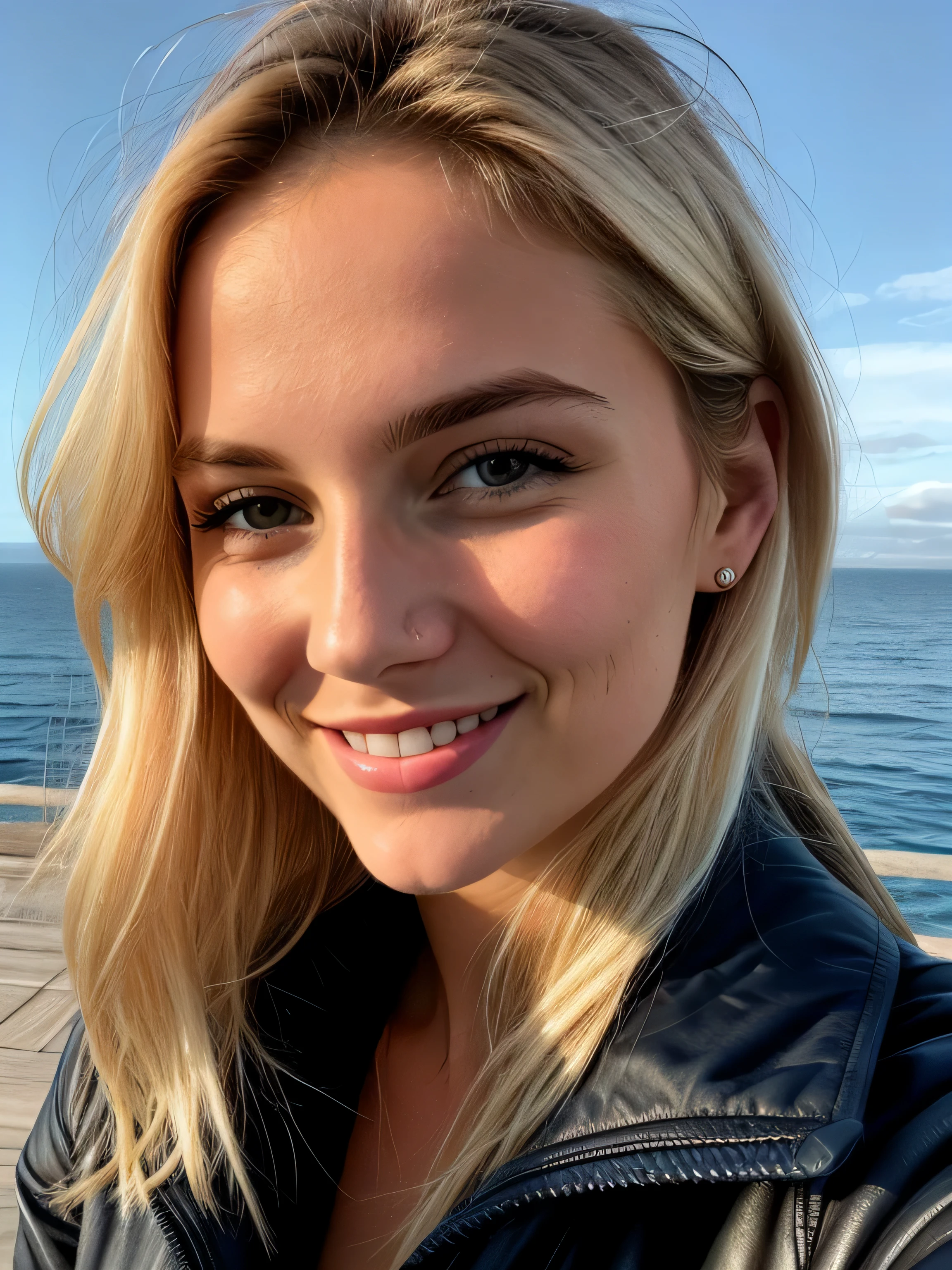 une femme blonde souriante de 23 ans fait un selfie en plein air au bord de la mer, Très beau temps, on voit la mer en arrière-plan, la mer couvre tout le fond, grand ciel bleu ensoleillé, Photoréalisme, Cheveux blonds with the racines châtain clair, cheveux blond, Cheveux avec des racines brunes, yeux bleus, belle femme, vue de face, Très gros plan du visage, zoom sur le visage, un blouson d'hiver noir, Haute qualité, selfie