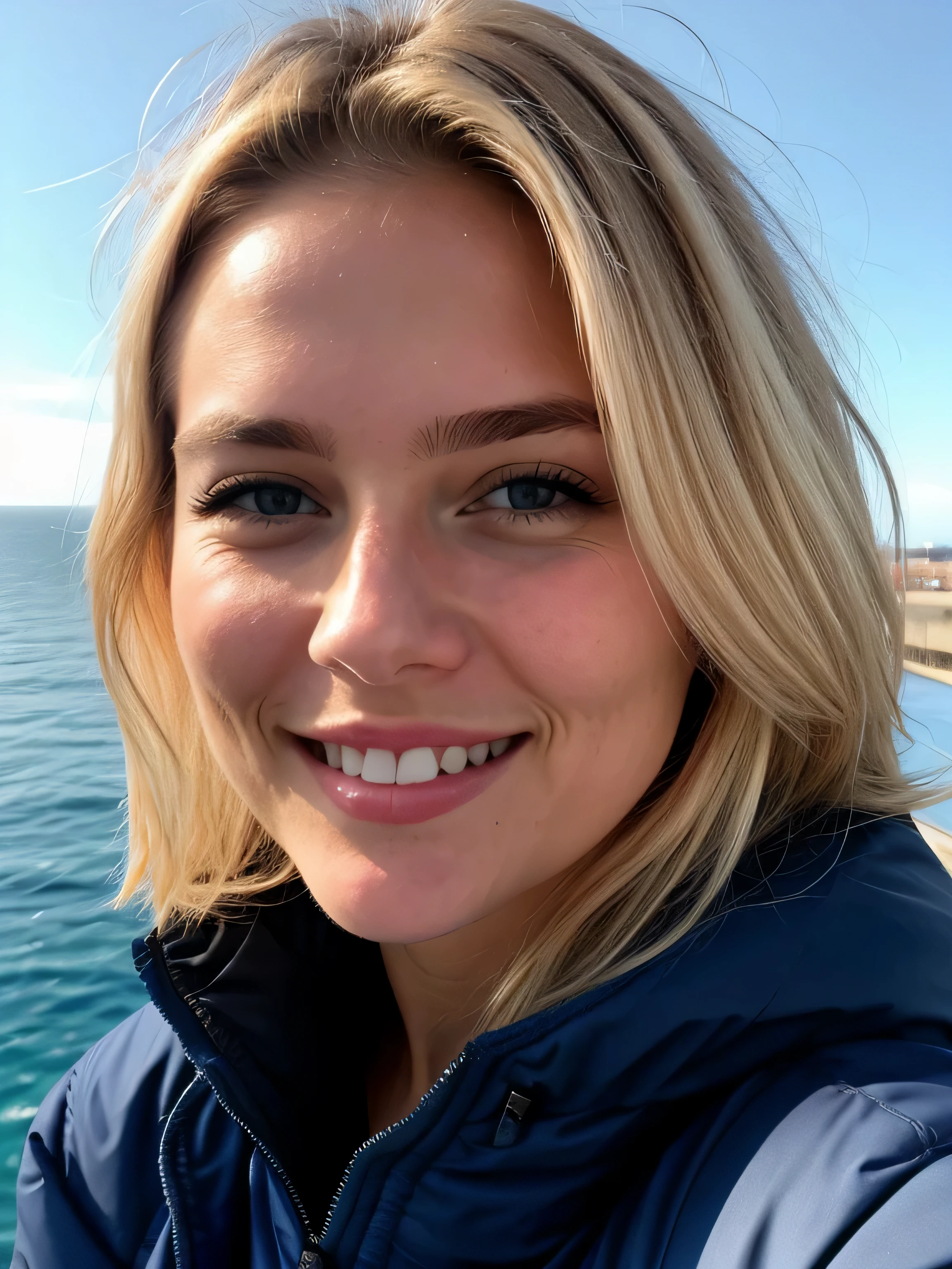 une femme blonde souriante de 23 ans fait un selfie en plein air au bord de la mer, Très beau temps, on voit la mer en arrière-plan, la mer couvre tout le fond, grand ciel bleu ensoleillé, Photoréalisme, Cheveux blonds with the racines châtain clair, cheveux blond, Cheveux avec des racines brunes, yeux bleus, belle femme, vue de face, Très gros plan du visage, zoom sur le visage, un blouson d'hiver noir, Haute qualité, selfie
