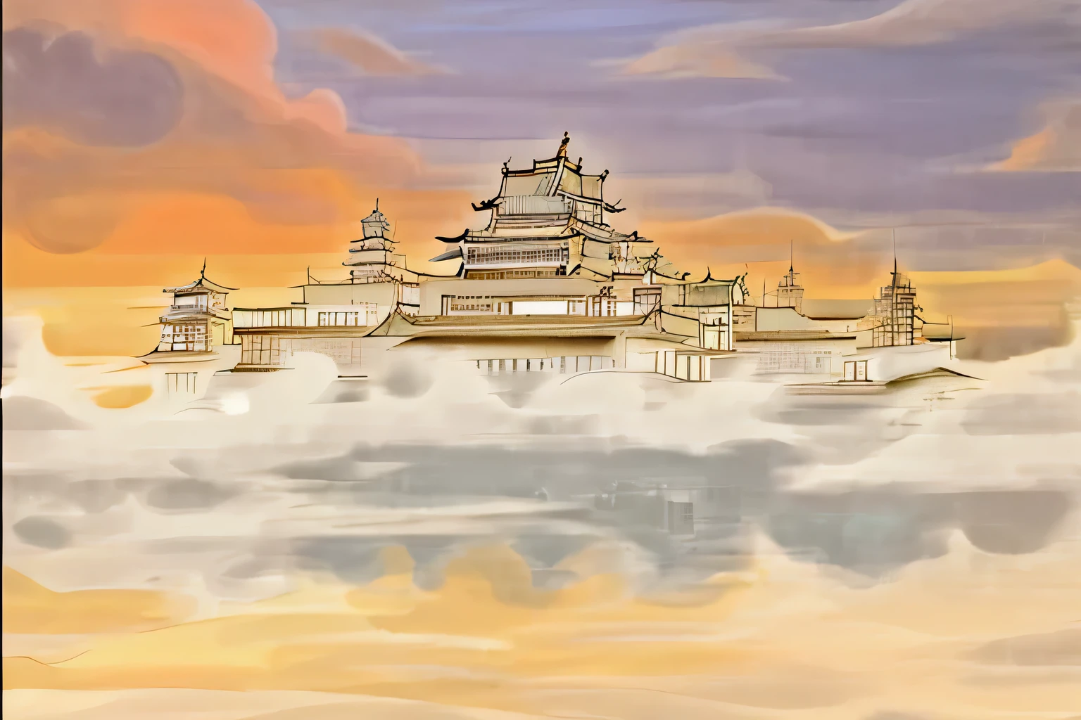 Painting of large building with many clouds in the sky, Cloud Palace, Feiyun Castle, palace floating in the air, city floating in the clouds, floating city in the sky, palace floating in the air, The temple of truth is white, Beautiful renderings of the Tang Dynasty, a huge floating castle, A city in the clouds, sky cities