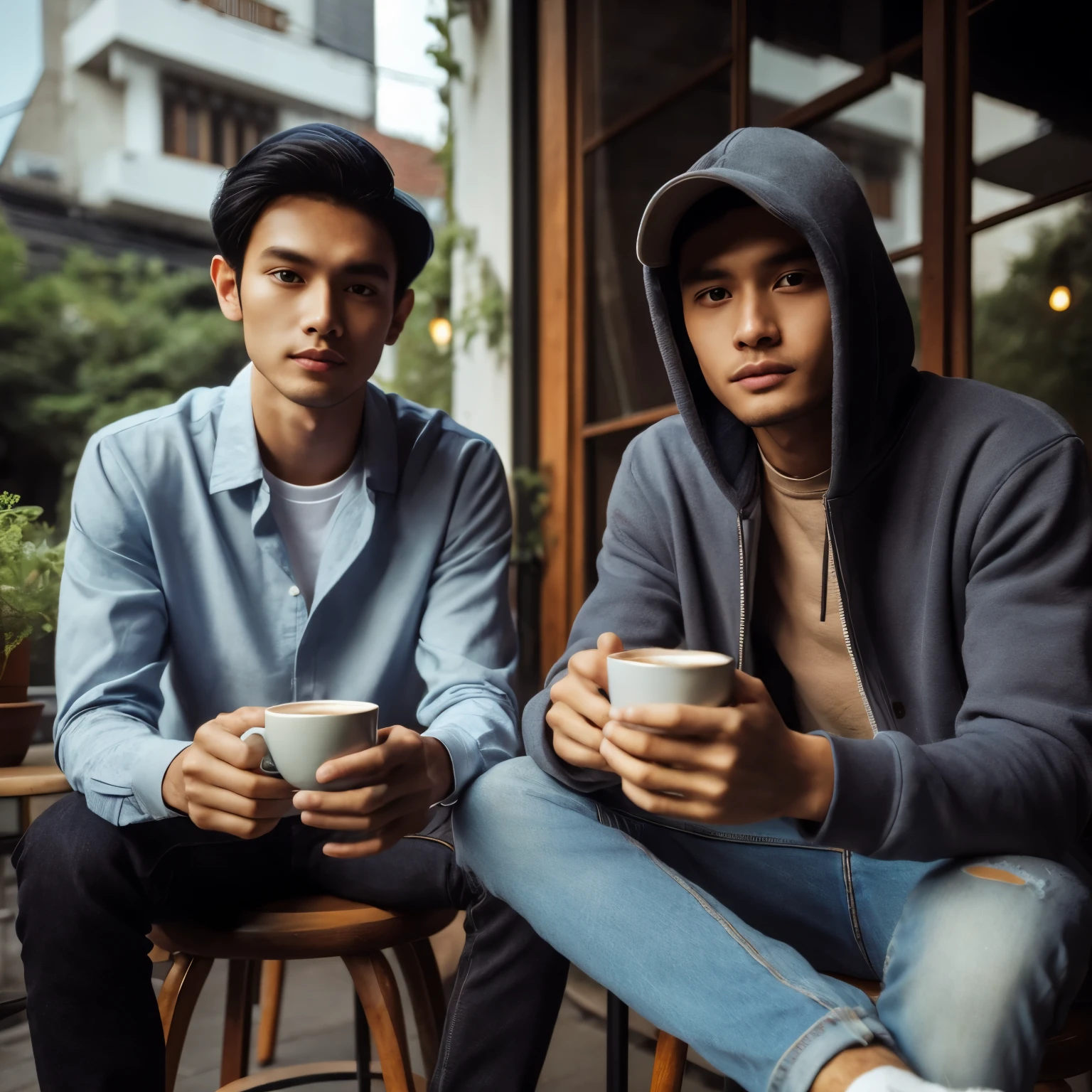 two man sitting outdoors at a café or similar setting. They are holding cups of coffee. the man on the left is wearing a light blue shirt.  the man on the right, 25 years old, is wearing a hoodie, jeans and hat, short hair. photorealistic. Leica camera. 18mm lens.