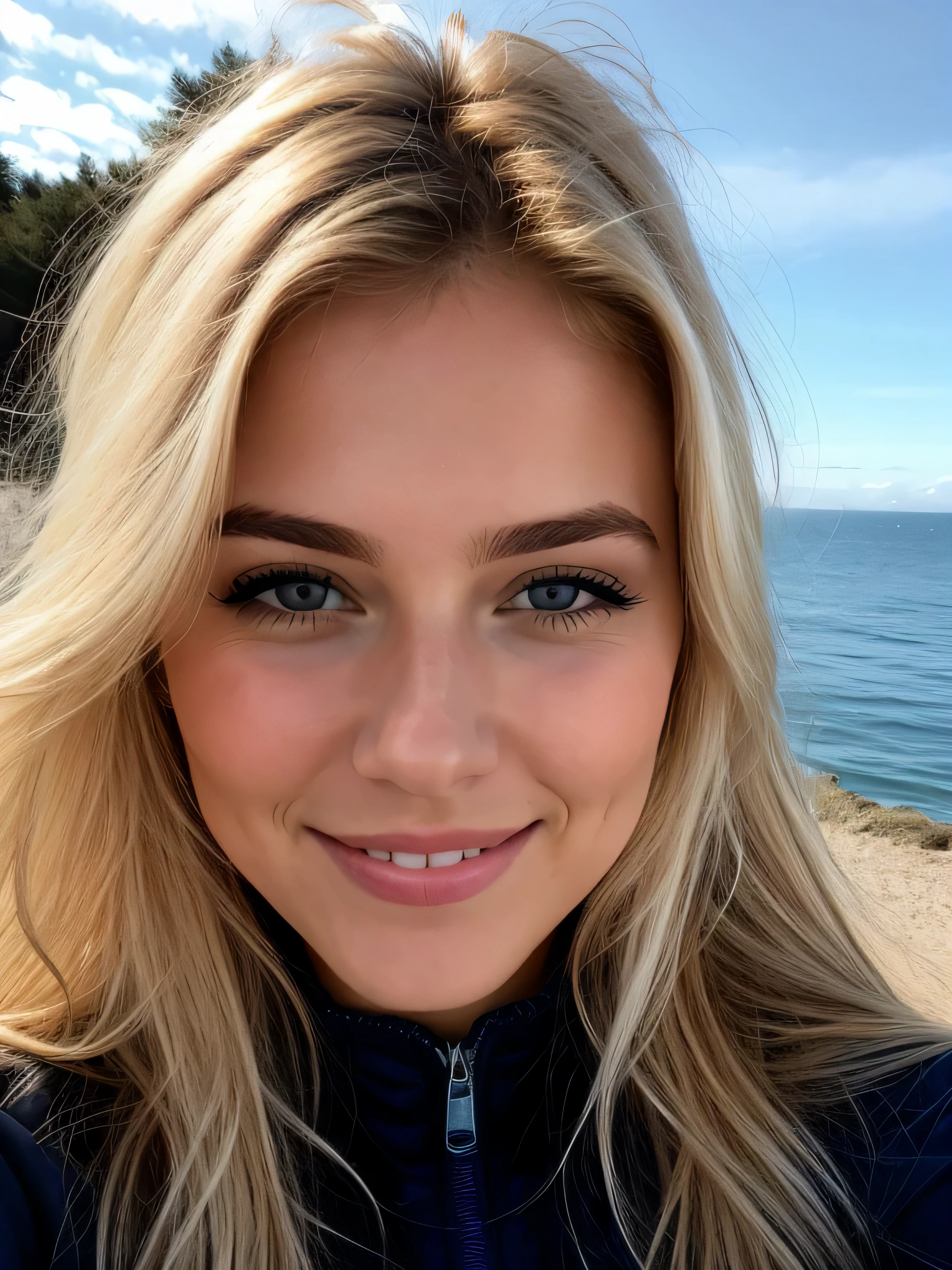 une femme blonde souriante de 23 ans fait un selfie en plein air au bord de la mer, Très beau temps, on voit la mer en arrière-plan, la mer couvre tout le fond, grand ciel bleu ensoleillé, Photoréalisme, Cheveux blonds with the racines châtain clair, cheveux blond, Cheveux avec des racines brunes, yeux bleus, belle femme, vue de face, Très gros plan du visage, zoom sur le visage, un blouson d'hiver noir, Haute qualité, selfie