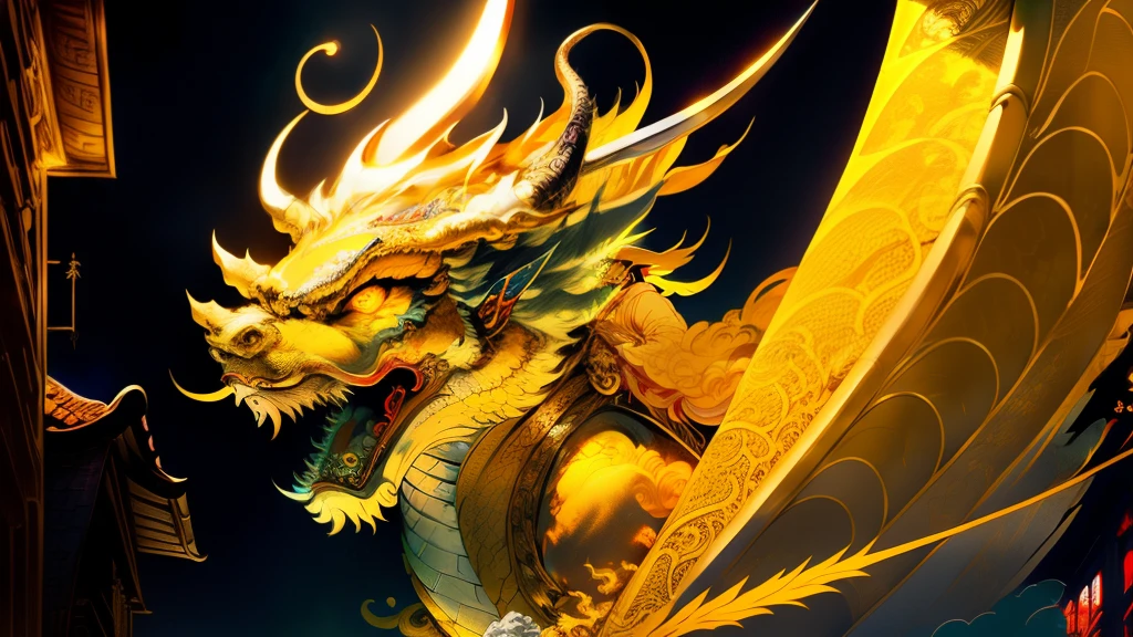 Chinese style dragon、Golden Dragon God illustration。Long as a snake、Upwards、Thang Long、sunny、In the sea of clouds、spiritual、Spirit、Chakra、Fantasy