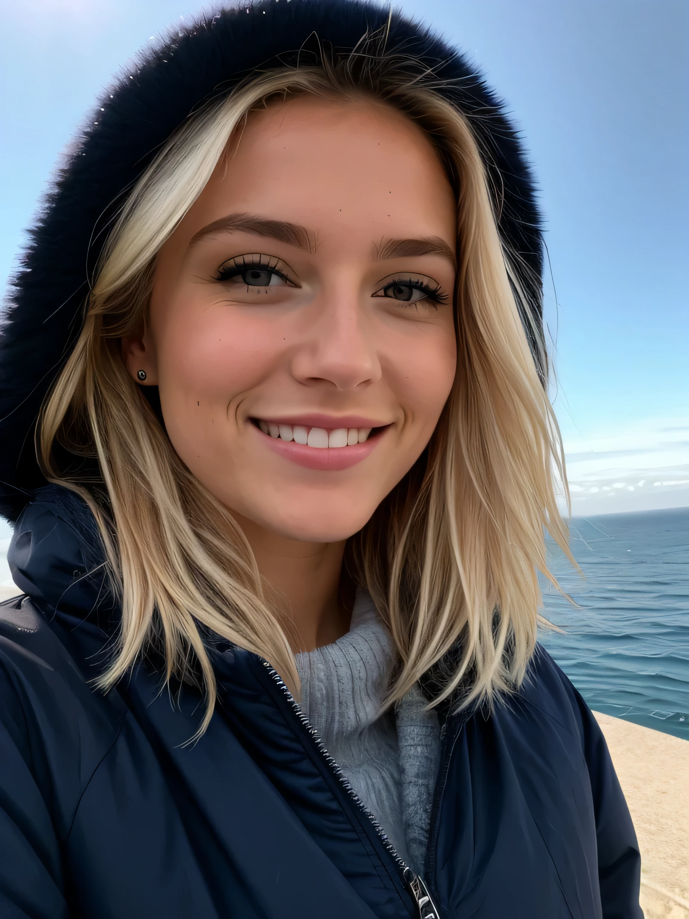 une femme blonde souriante de 23 ans fait un selfie en plein air au bord de la mer, Très beau temps, on voit la mer en arrière-plan, la mer couvre tout le fond, grand ciel bleu ensoleillé, Photoréalisme, Cheveux blonds with the racines châtain clair, cheveux blond, Cheveux avec des racines brunes, yeux bleus, belle femme, vue de face, Très gros plan du visage, zoom sur le visage, un blouson d'hiver noir, Haute qualité, selfie